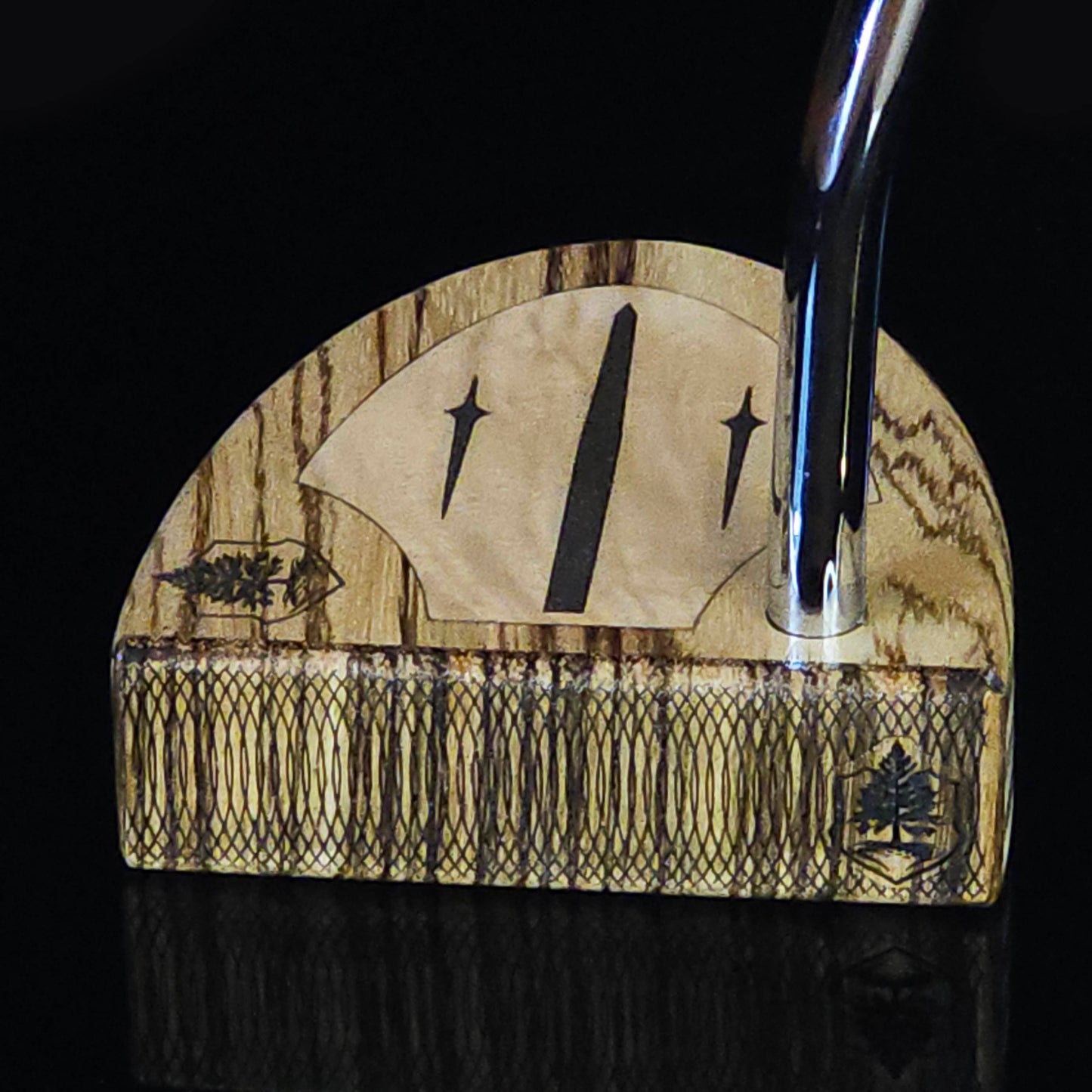 Zebrawood wood putter with various layered wood body and olivewood inlay