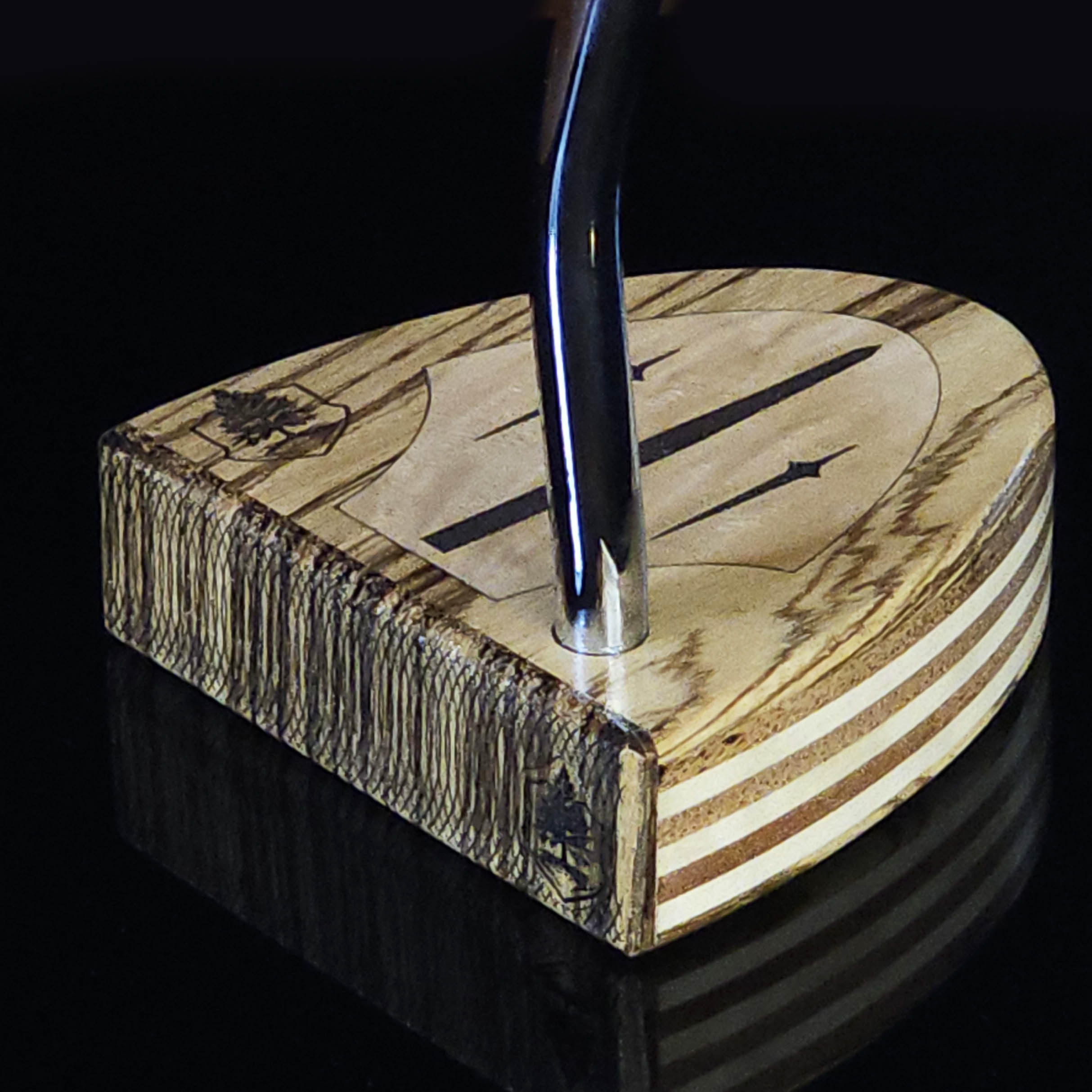 Zebrawood wood putter with various layered wood body and olivewood inlay