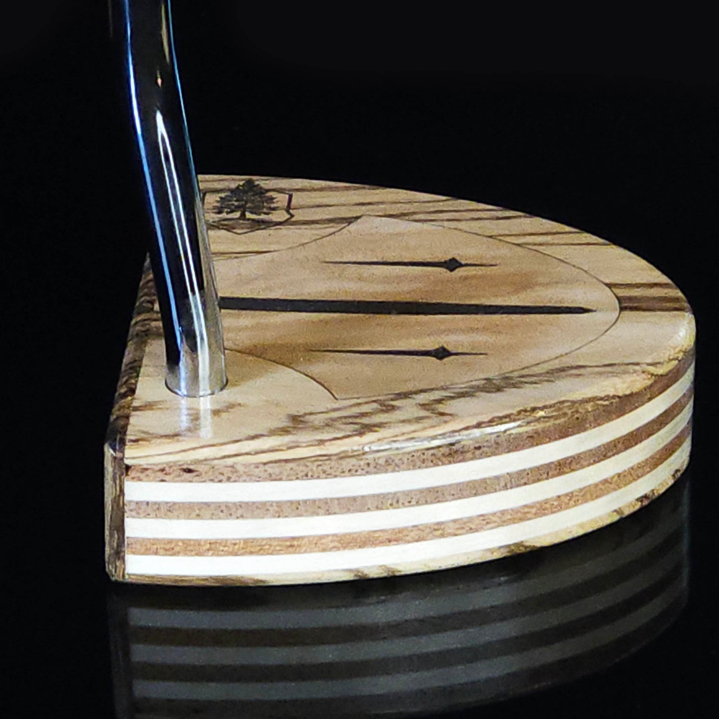 Zebrawood wood putter with various layered wood body and olivewood inlay