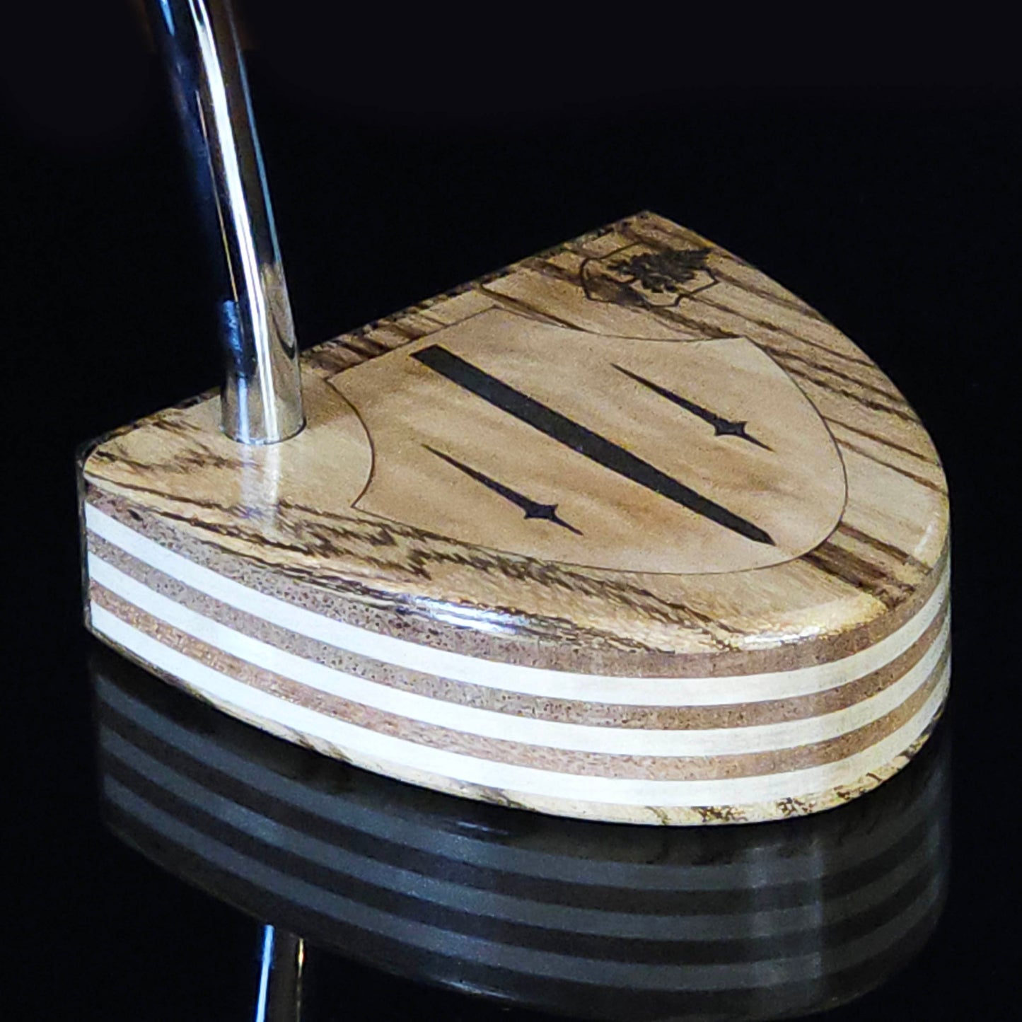 Zebrawood wood putter with various layered wood body and olivewood inlay