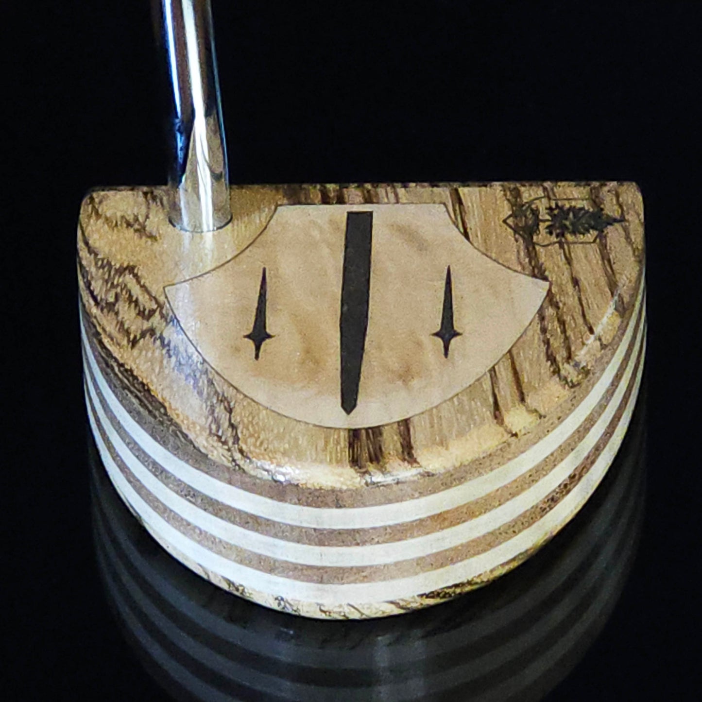 Zebrawood wood putter with various layered wood body and olivewood inlay