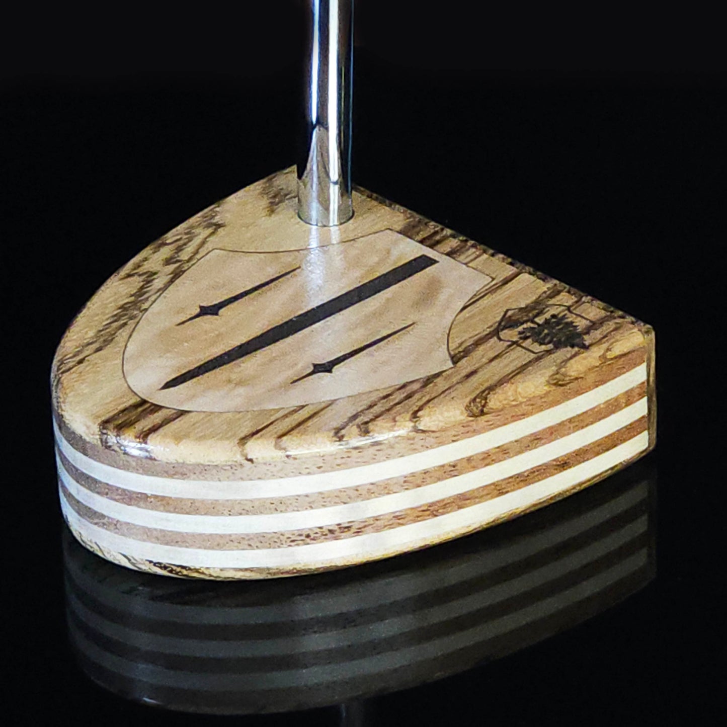 Zebrawood wood putter with various layered wood body and olivewood inlay