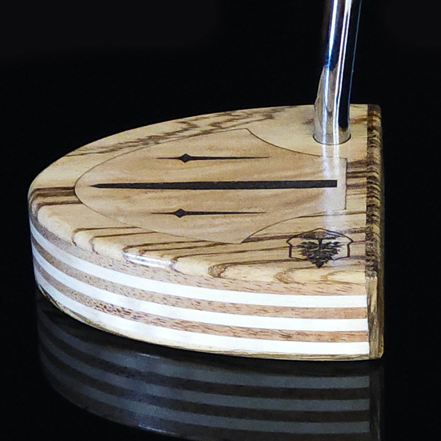 Zebrawood wood putter with various layered wood body and olivewood inlay