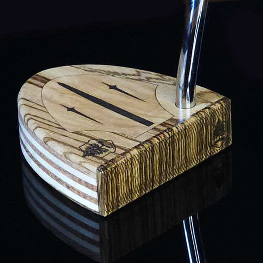 Zebrawood wood putter with various layered wood body and olivewood inlay