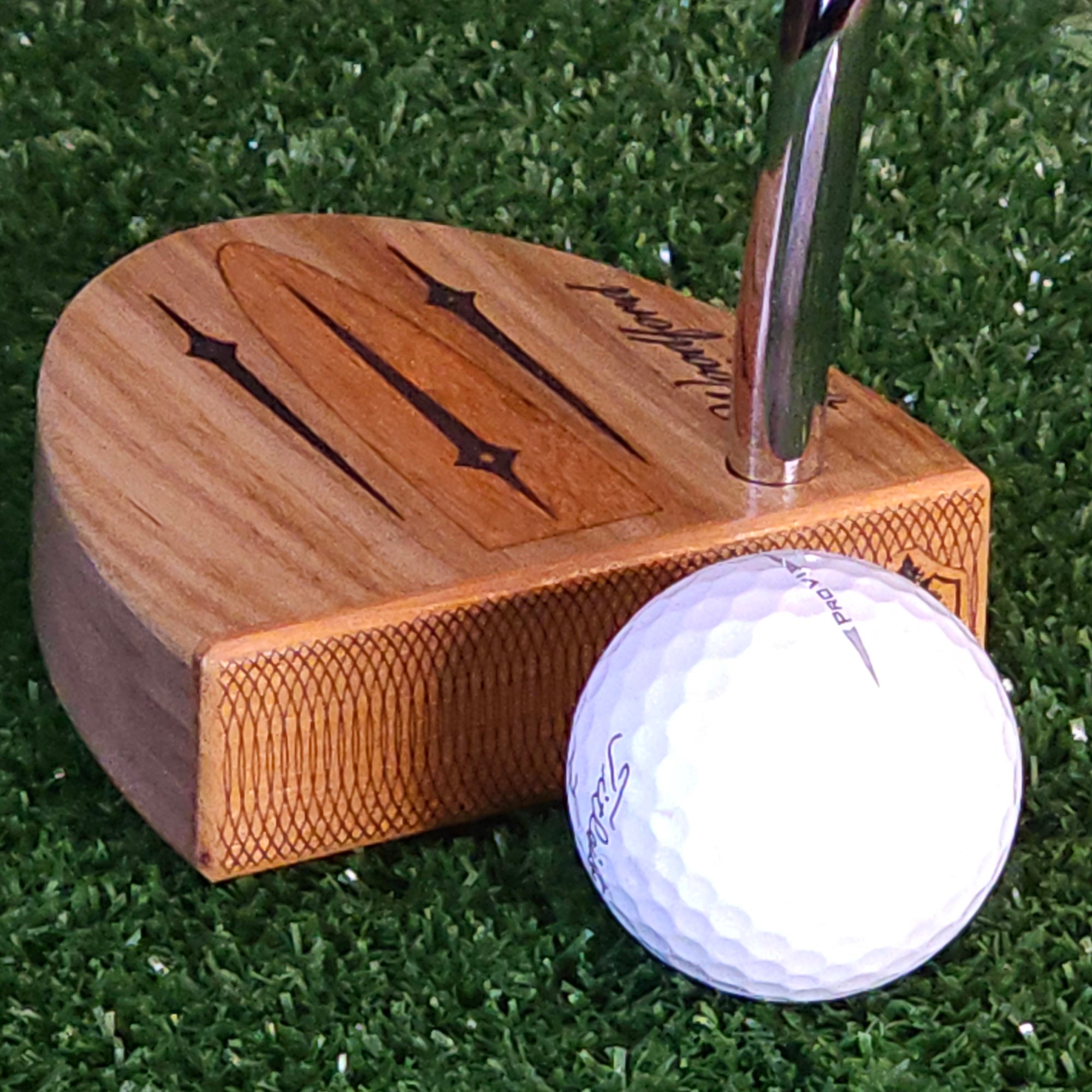 Teak and Walnut putter with Chakte Viga inlay and faceplate