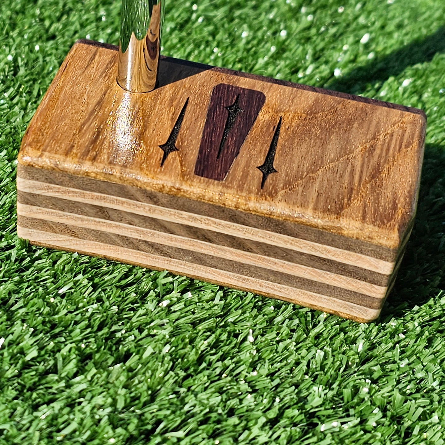 Teak, walnut and butternut layered putter with rare Bocote inlay and face