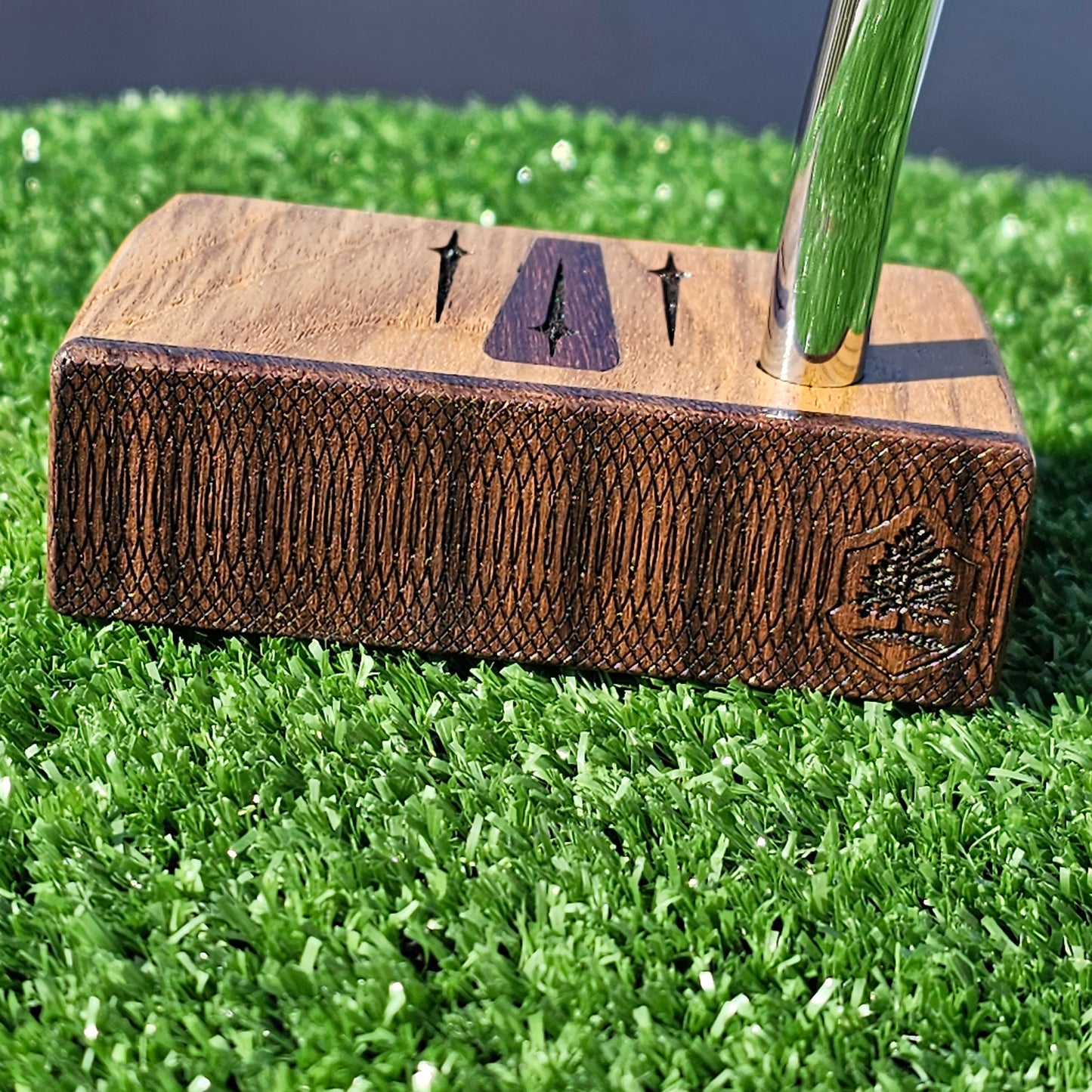 Teak, walnut and butternut layered putter with rare Bocote inlay and face