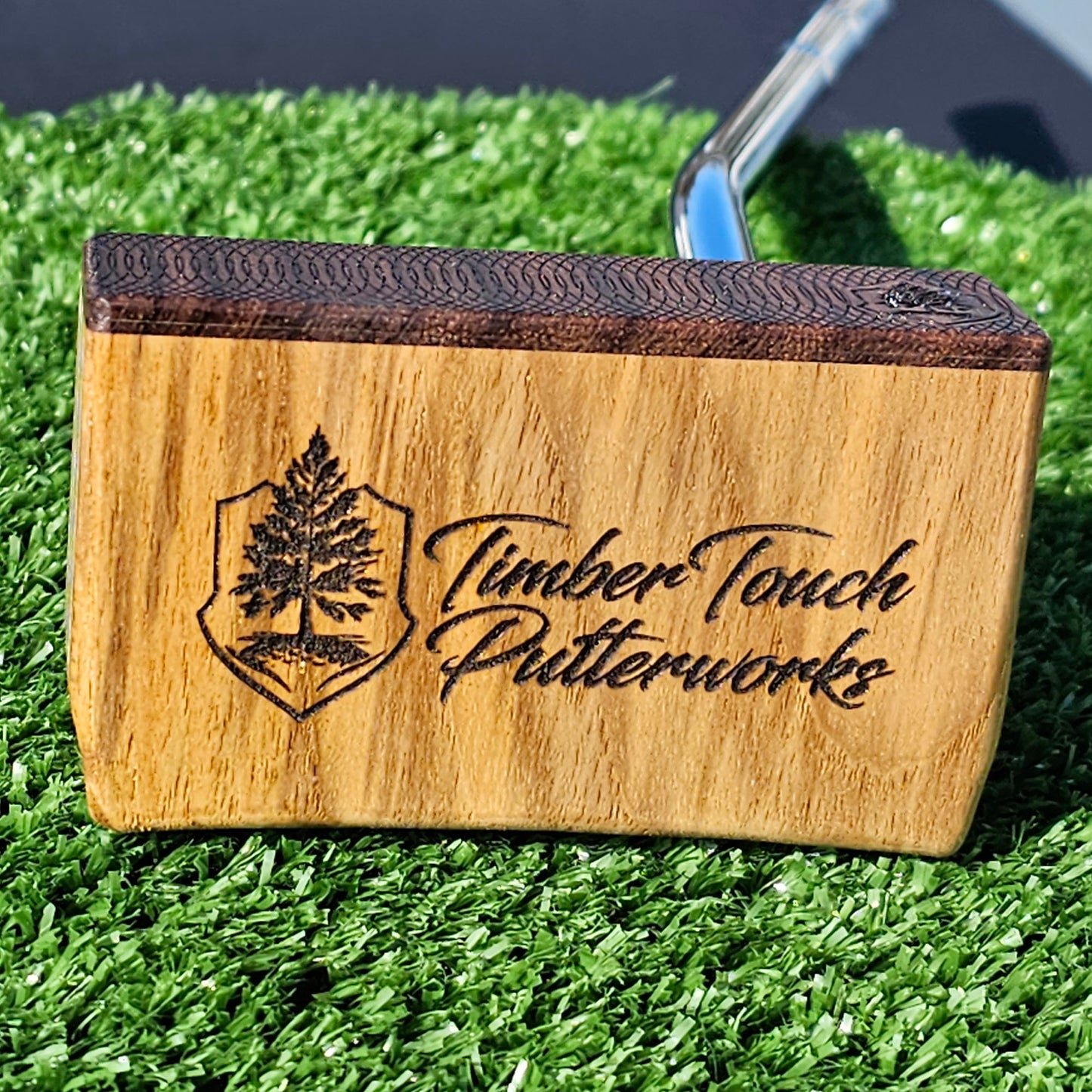 Teak, walnut and butternut layered putter with rare Bocote inlay and face