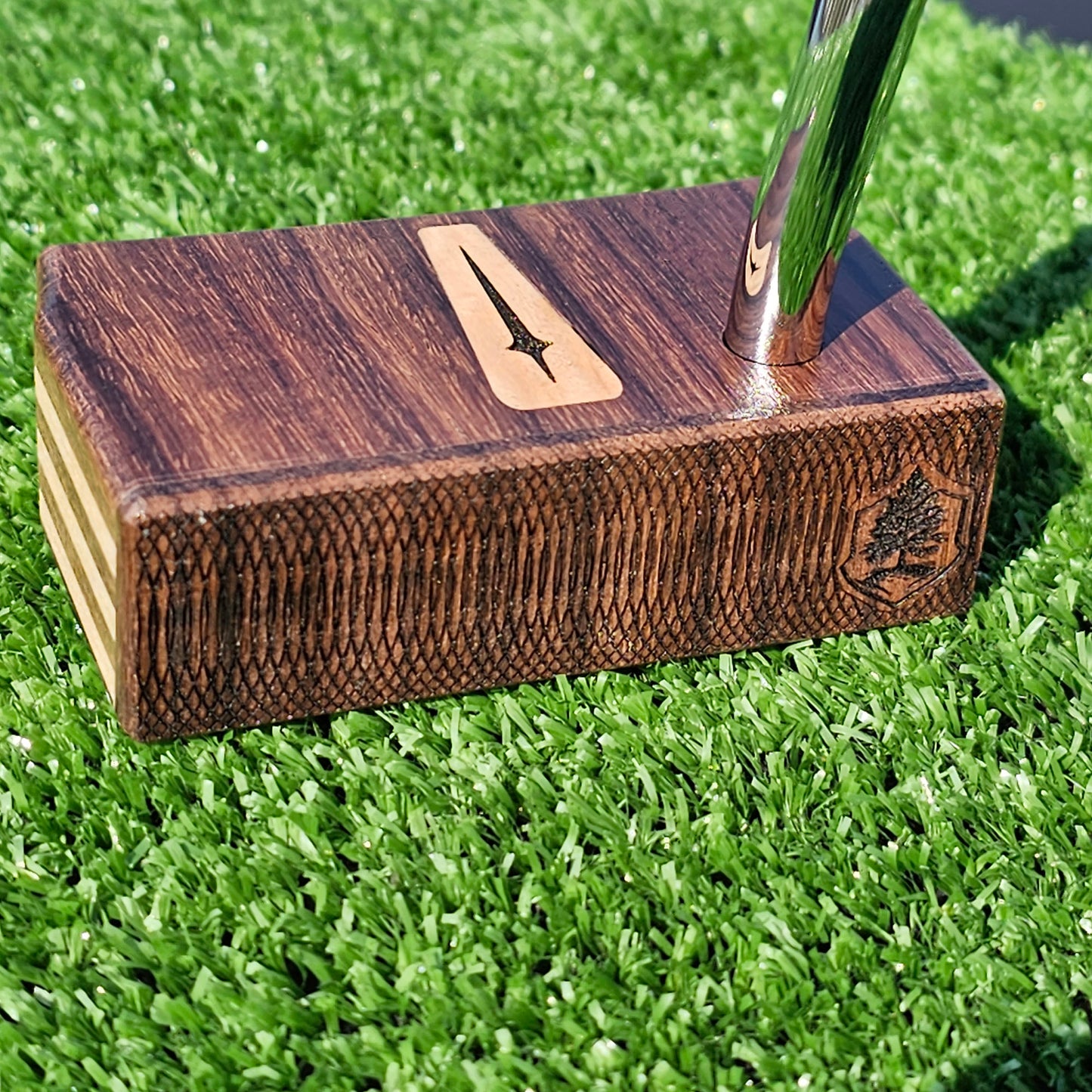 Bubinga wood putter with Hard Maple and Walnut plied body, Olivewood inlay