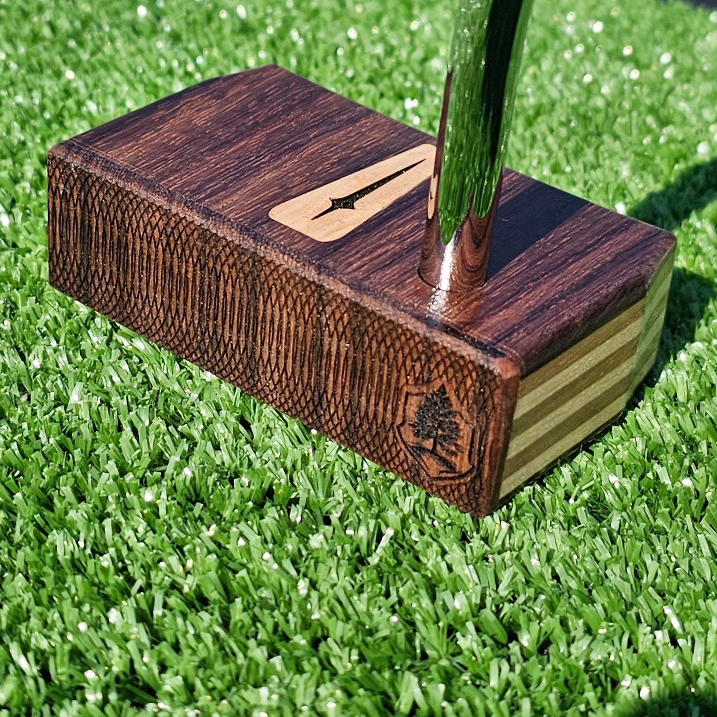 Bubinga wood putter with Hard Maple and Walnut plied body, Olivewood inlay