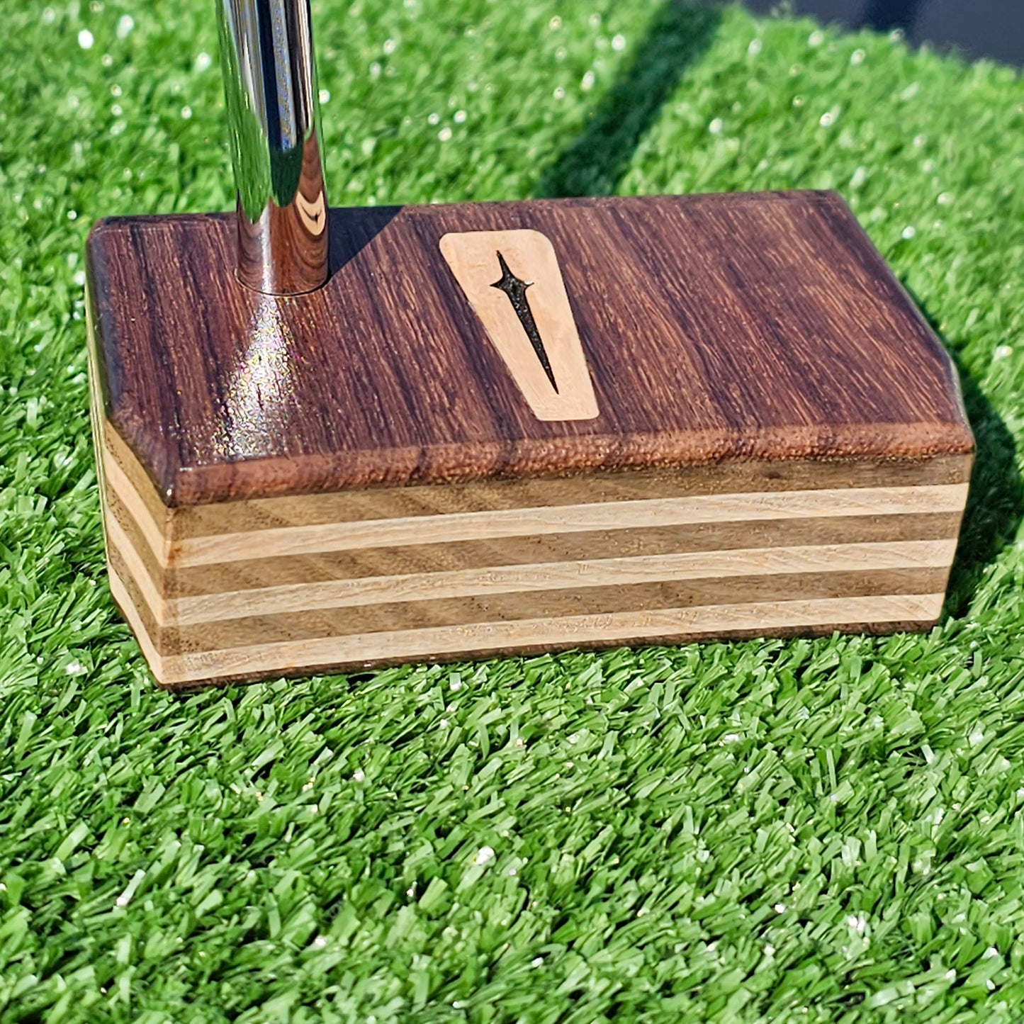 Bubinga wood putter with Hard Maple and Walnut plied body, Olivewood inlay