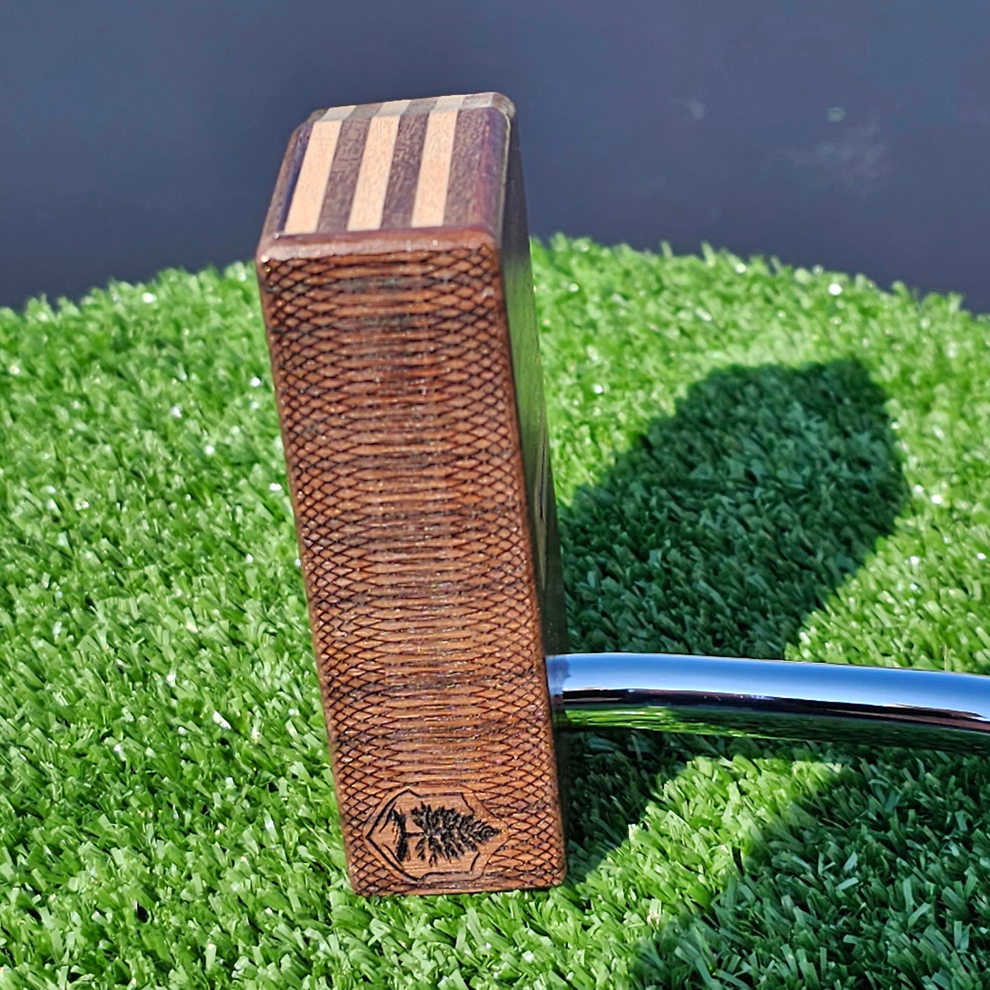 Bubinga wood putter with Hard Maple and Walnut plied body, Olivewood inlay