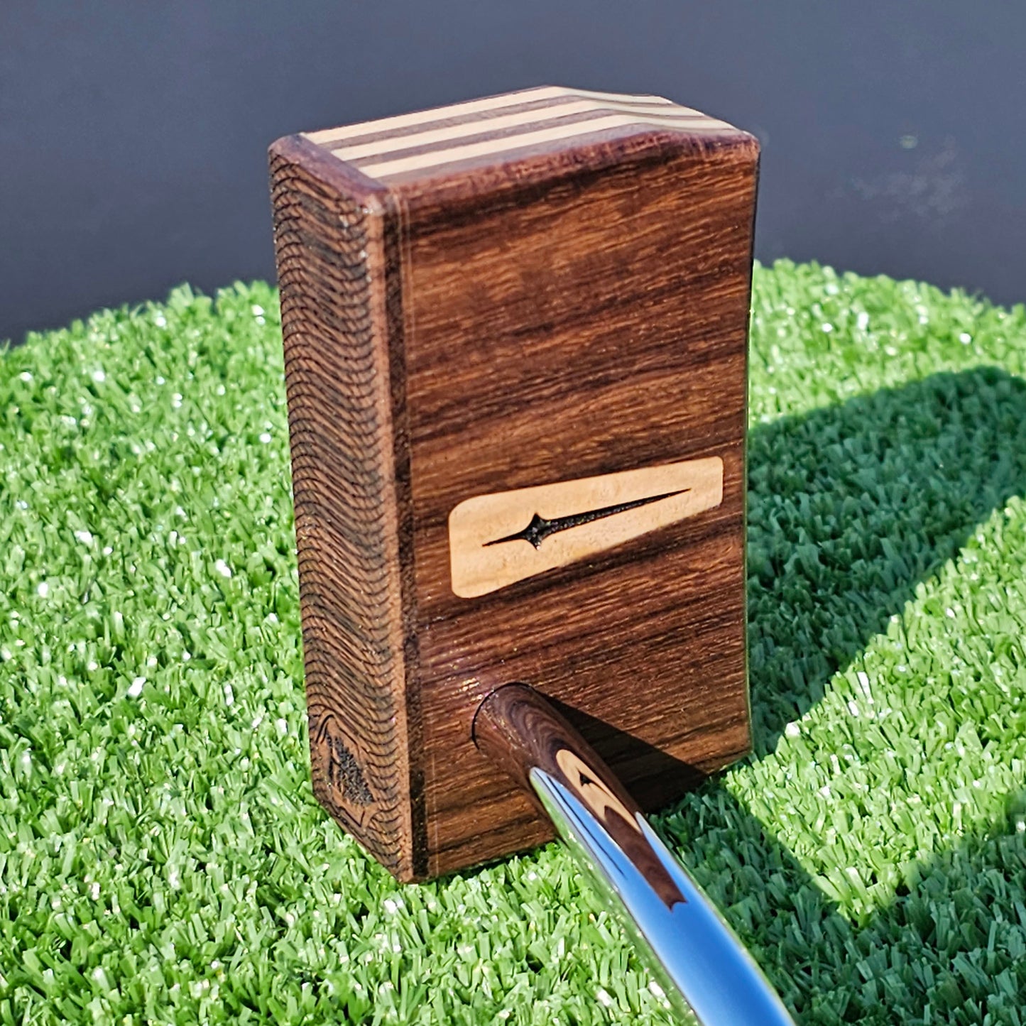 Bubinga wood putter with Hard Maple and Walnut plied body, Olivewood inlay