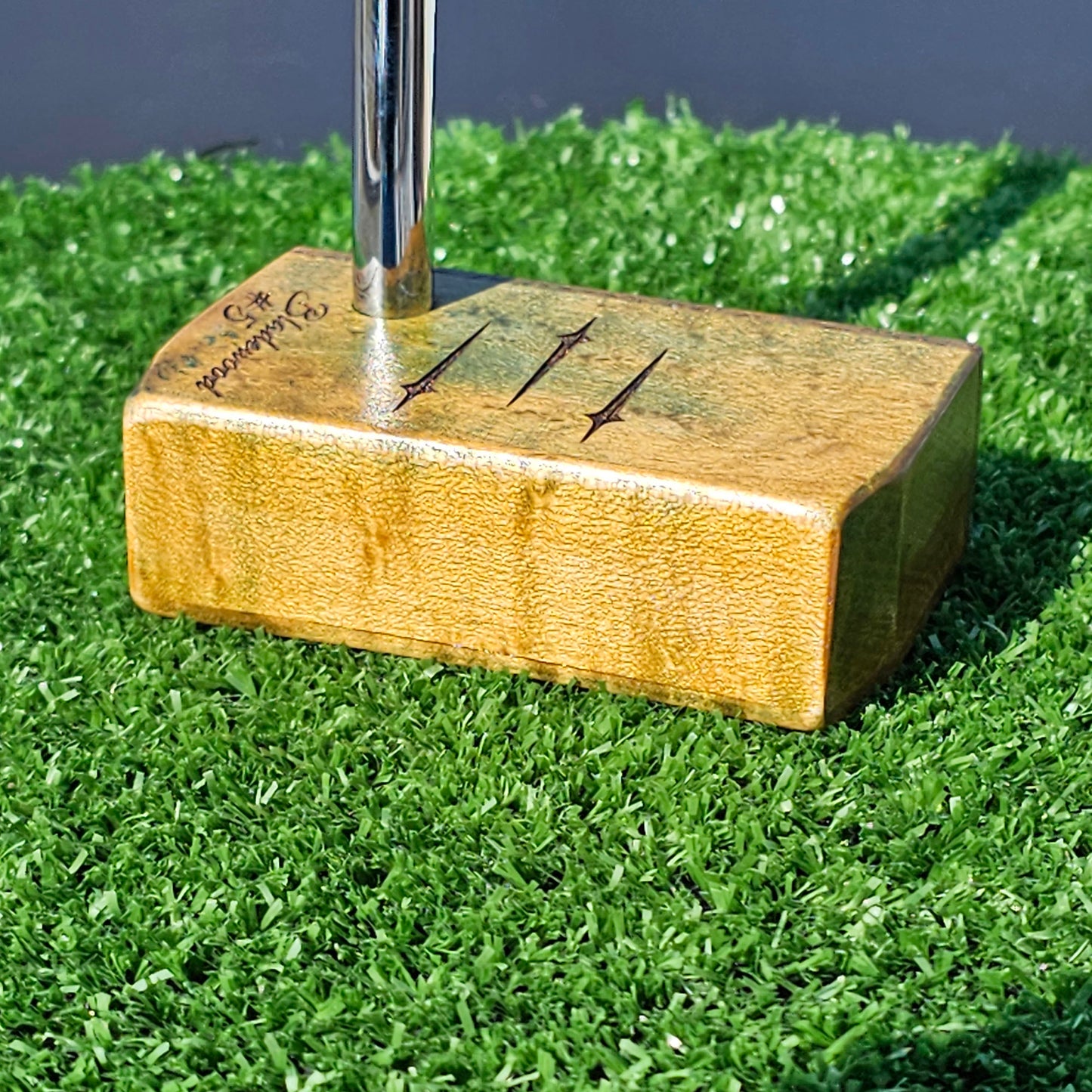 Hard Curly Oak body putter with Canarywood face and blue and yellow dye finish