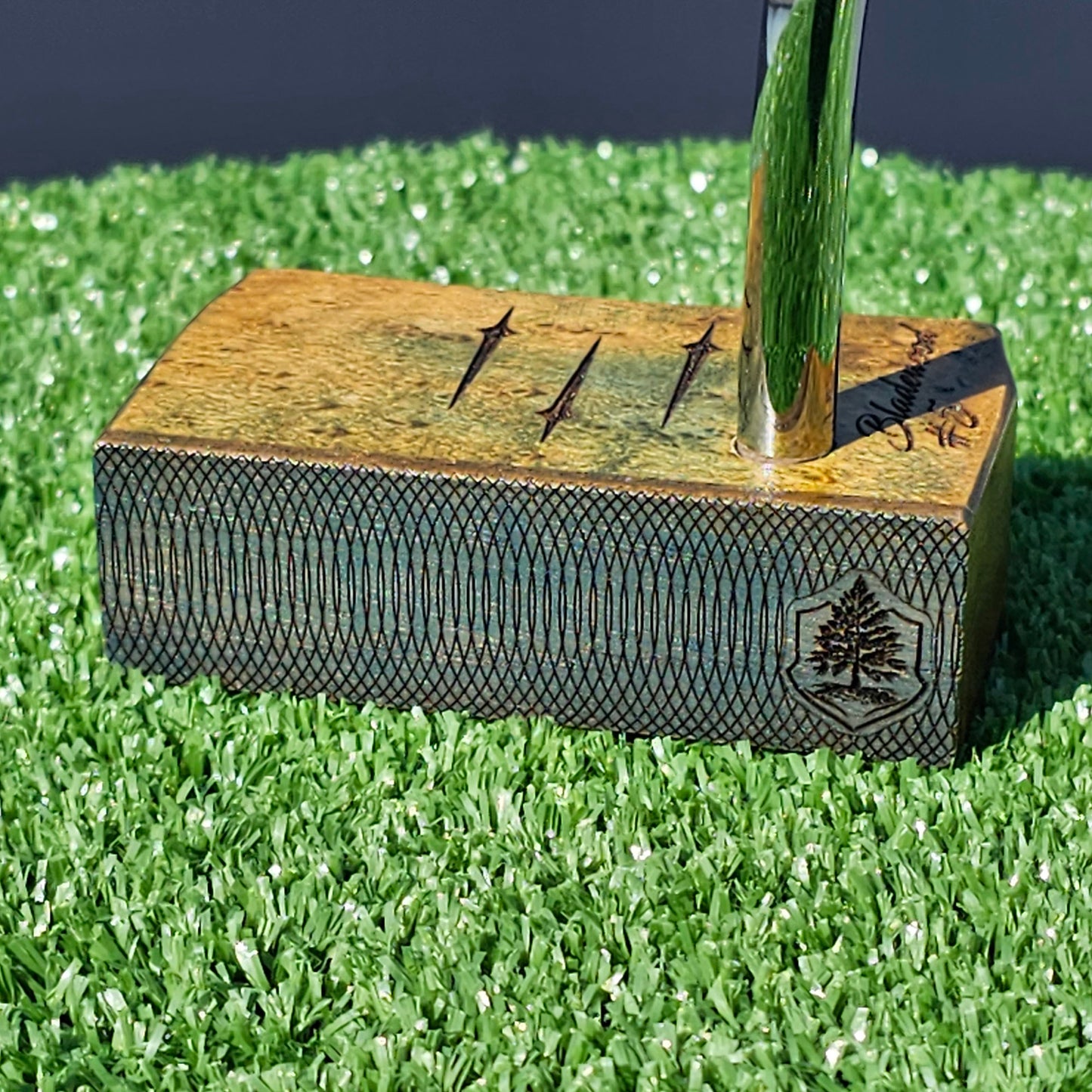 Hard Curly Oak body putter with Canarywood face and blue and yellow dye finish