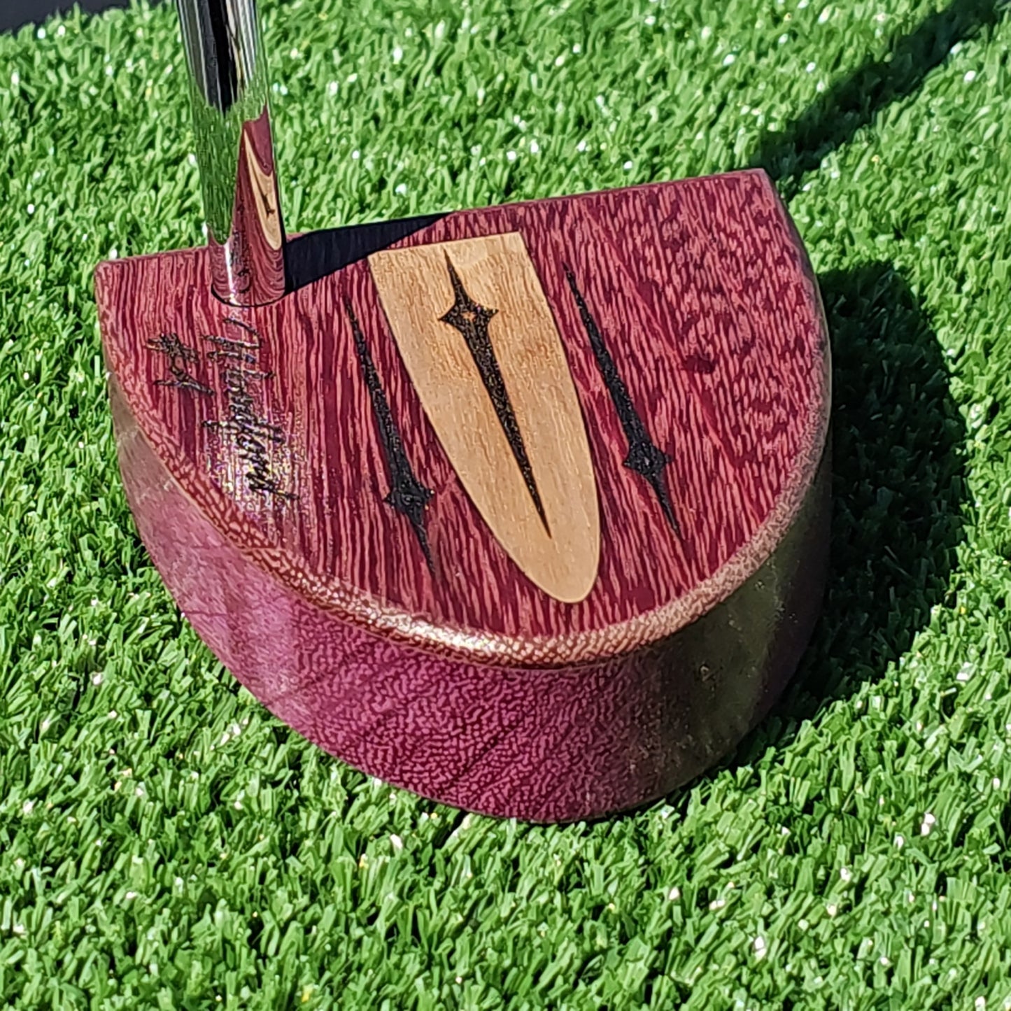 Purpleheart wood putter with Lacewood inlay