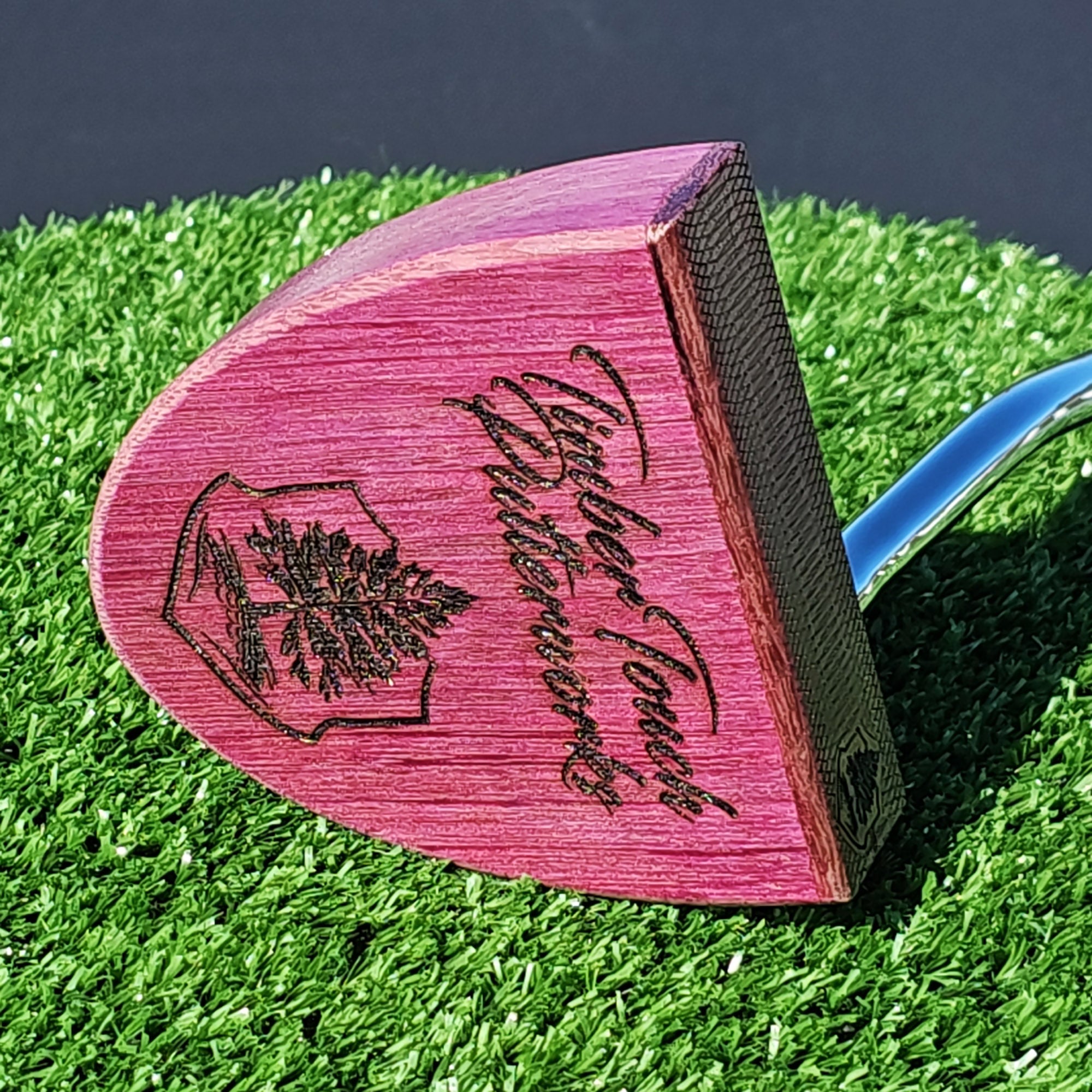 Purpleheart wood putter with Lacewood inlay