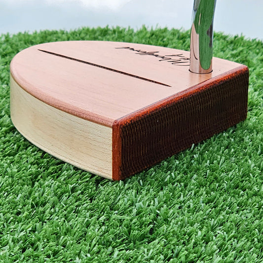 Curly Maple Body, Red Cedar top plate putter with Padauk Face plate