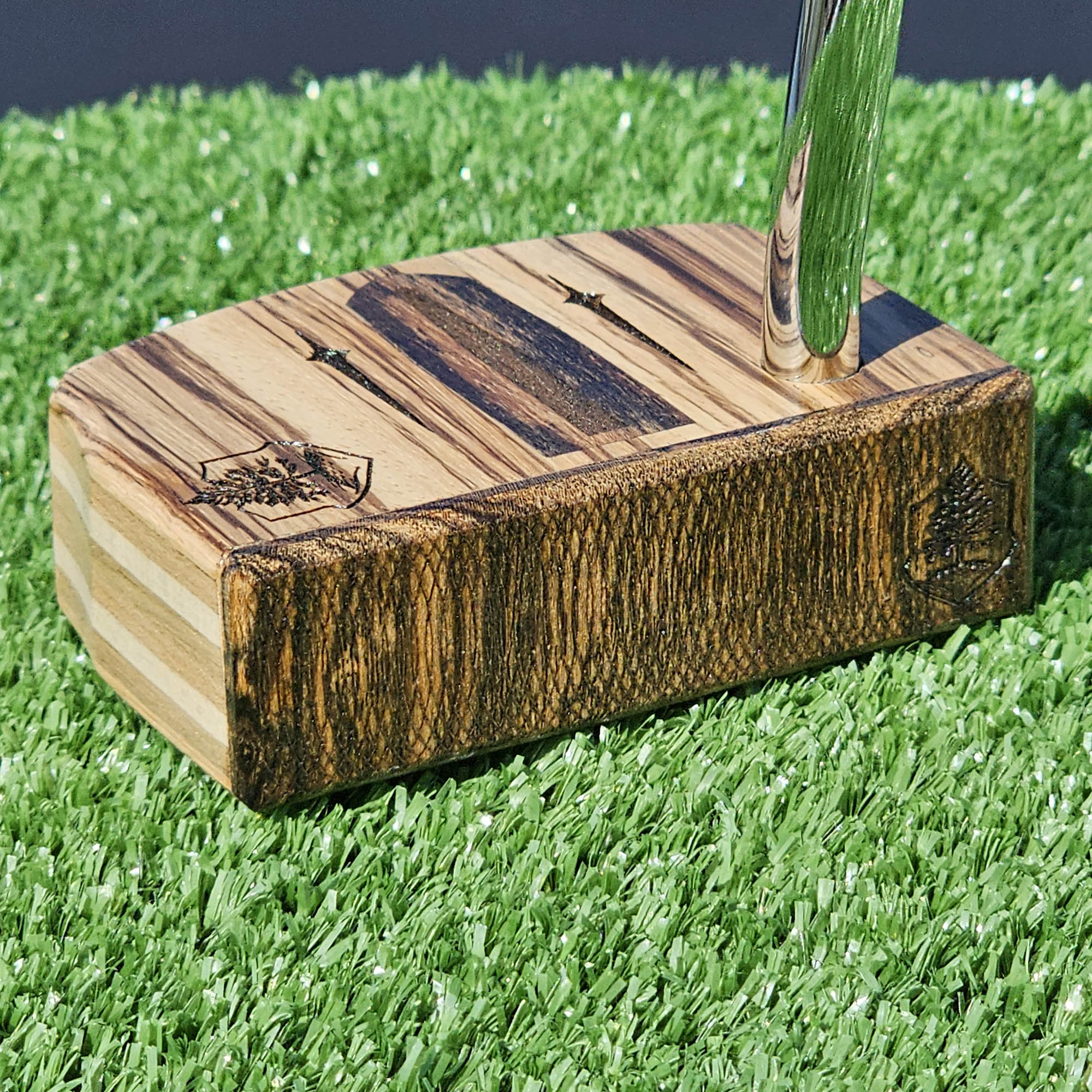 Zebrawood wood putter with Hard Maple, Red Oak and Butternut layered body