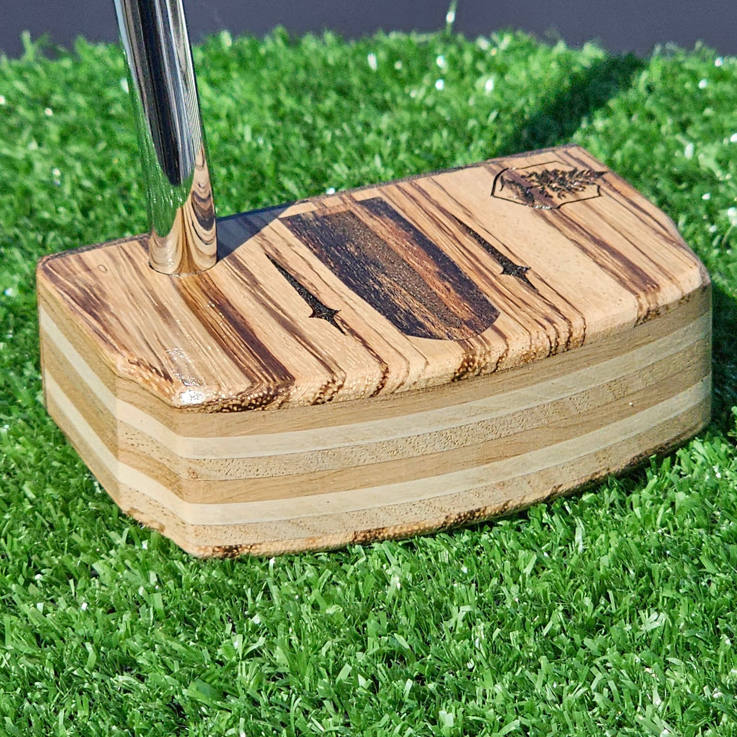 Zebrawood wood putter with Hard Maple, Red Oak and Butternut layered body