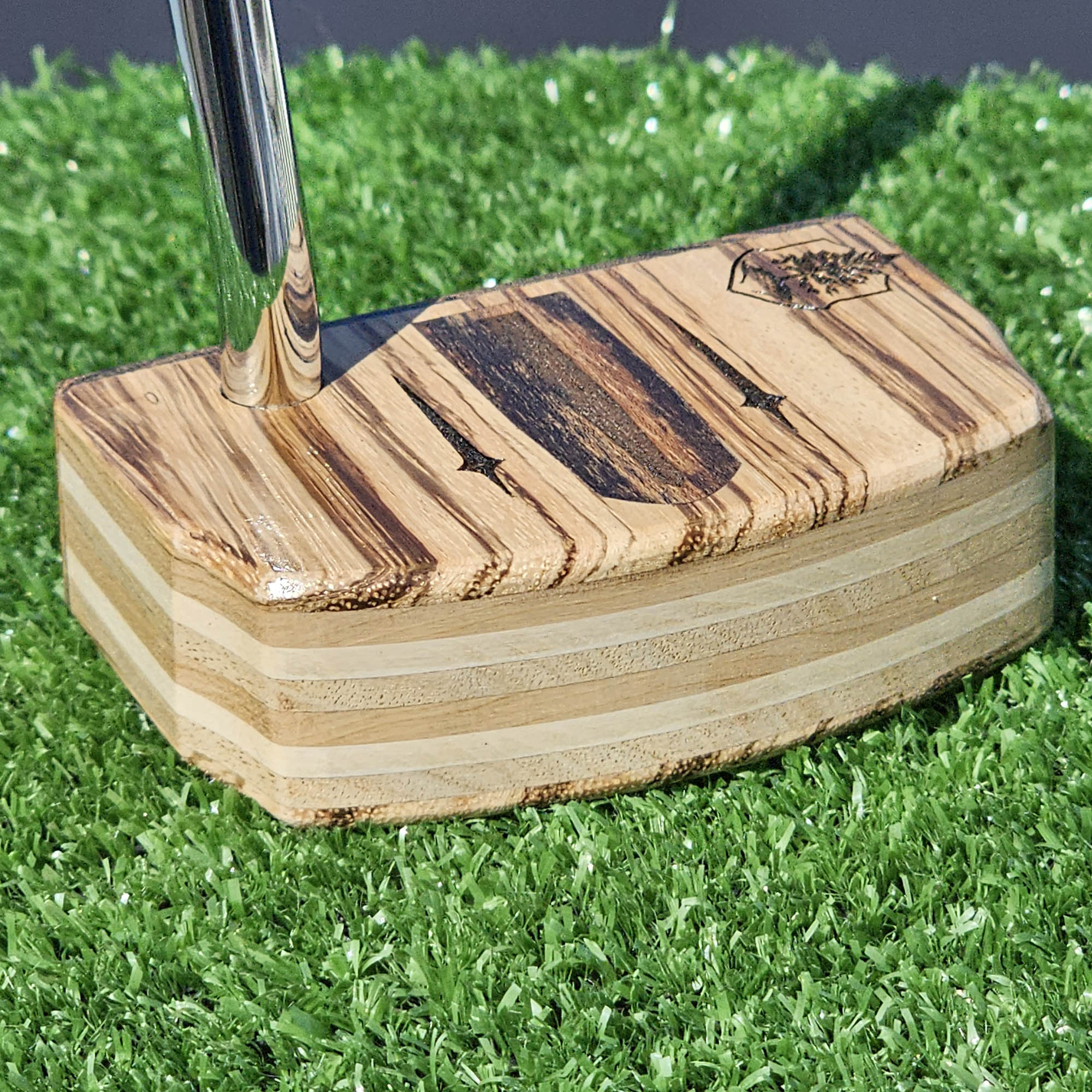 Zebrawood wood putter with Hard Maple, Red Oak and Butternut layered body