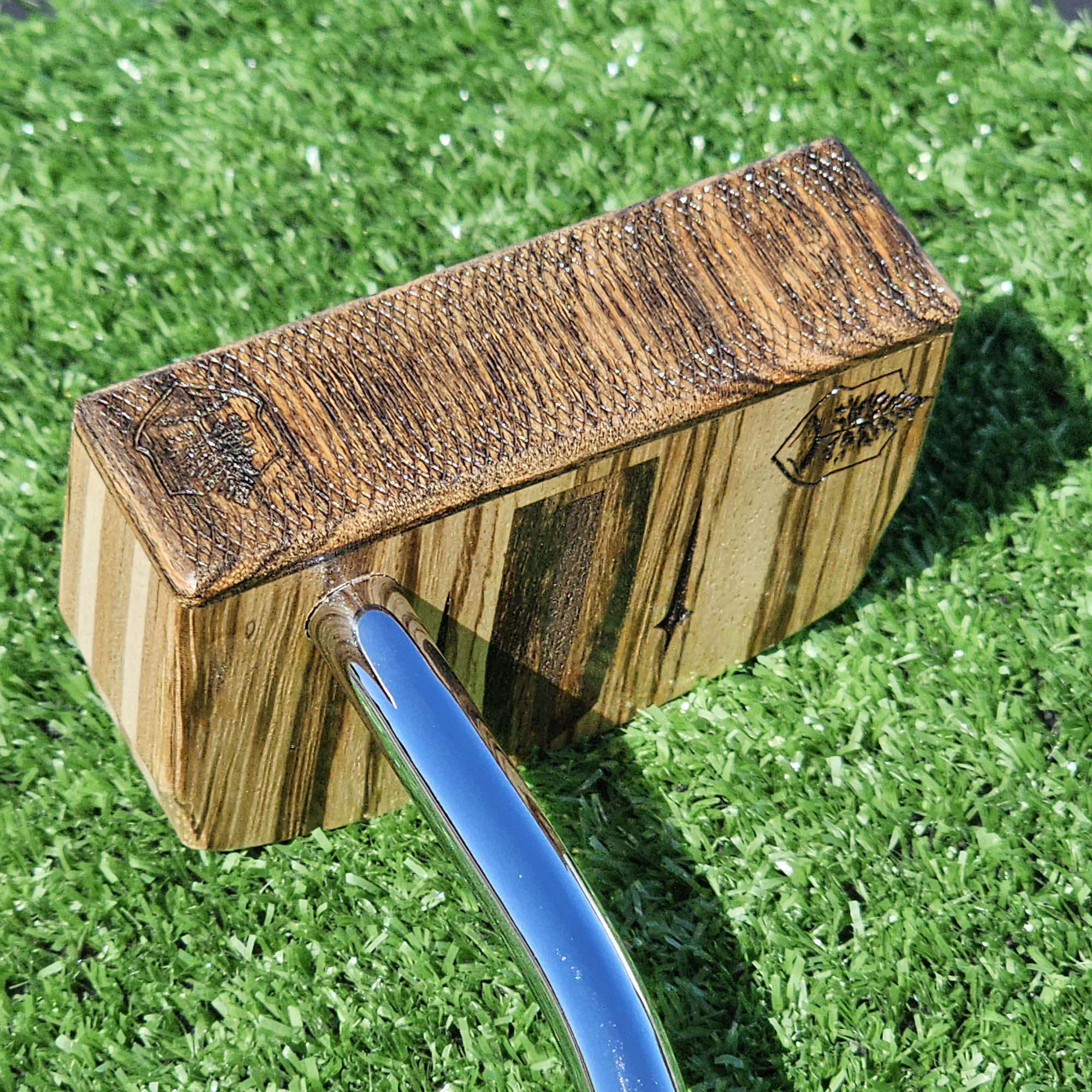 Zebrawood wood putter with Hard Maple, Red Oak and Butternut layered body