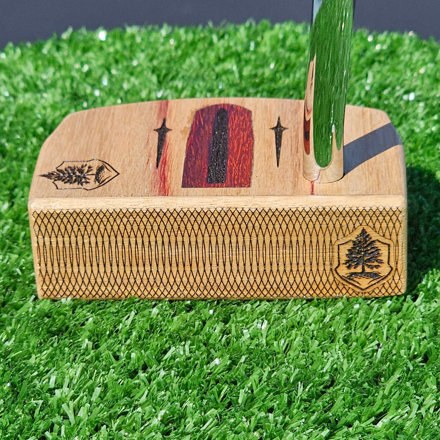 Curly Maple putter with Canarywood top and faceplate with Paduak Inlay