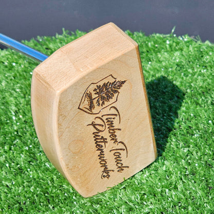 Curly Maple putter with Canarywood top and faceplate with Paduak Inlay