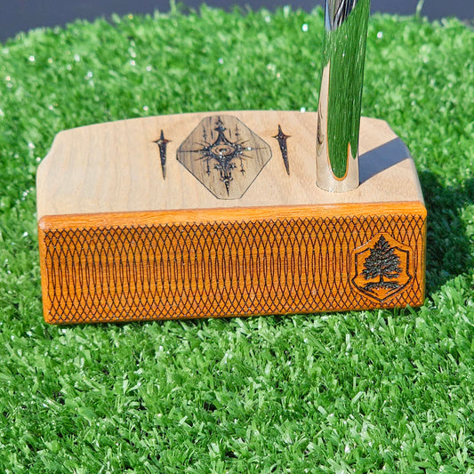 Layered Red Oak and Mahogany putter with decorative inlay