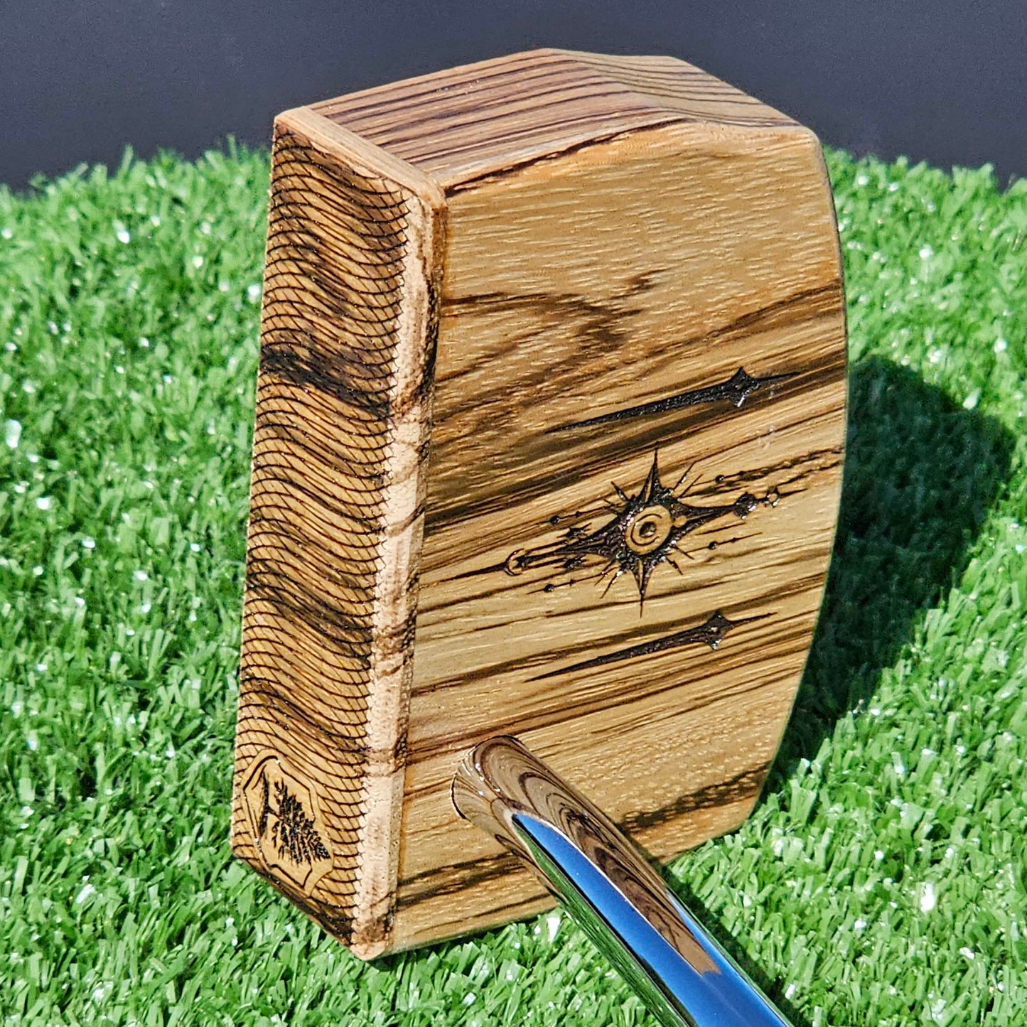 Zebrawood putter with fancy engraved top alignment features