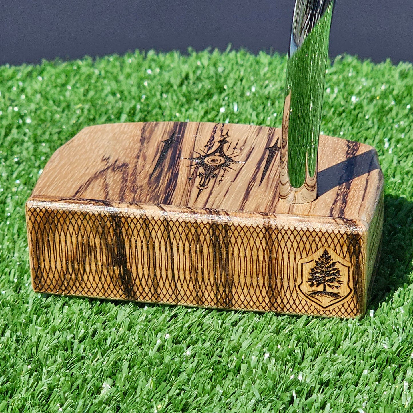 Zebrawood putter with fancy engraved top alignment features