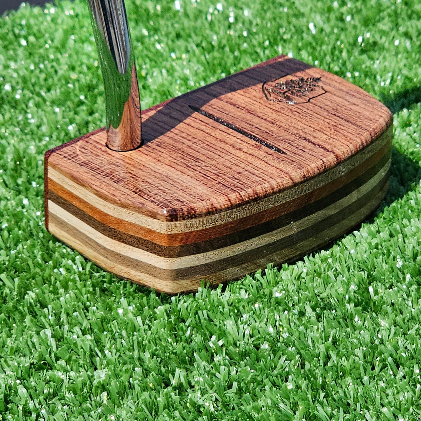 Padauk and Babinga wood putter with many layered exotic wood body