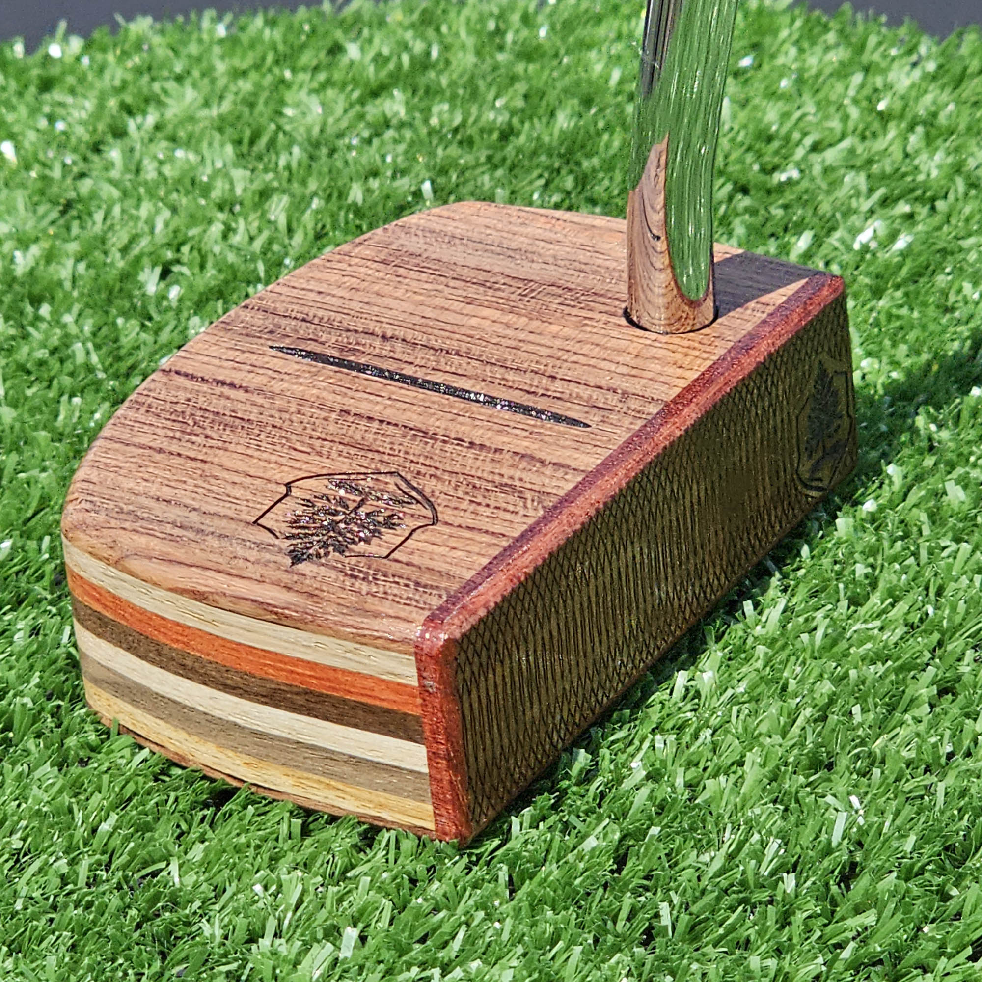 Padauk and Babinga wood putter with many layered exotic wood body