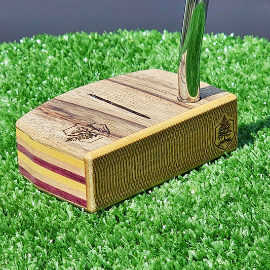 Black Limba Zebrawood and yellow and red exotic layered body putter