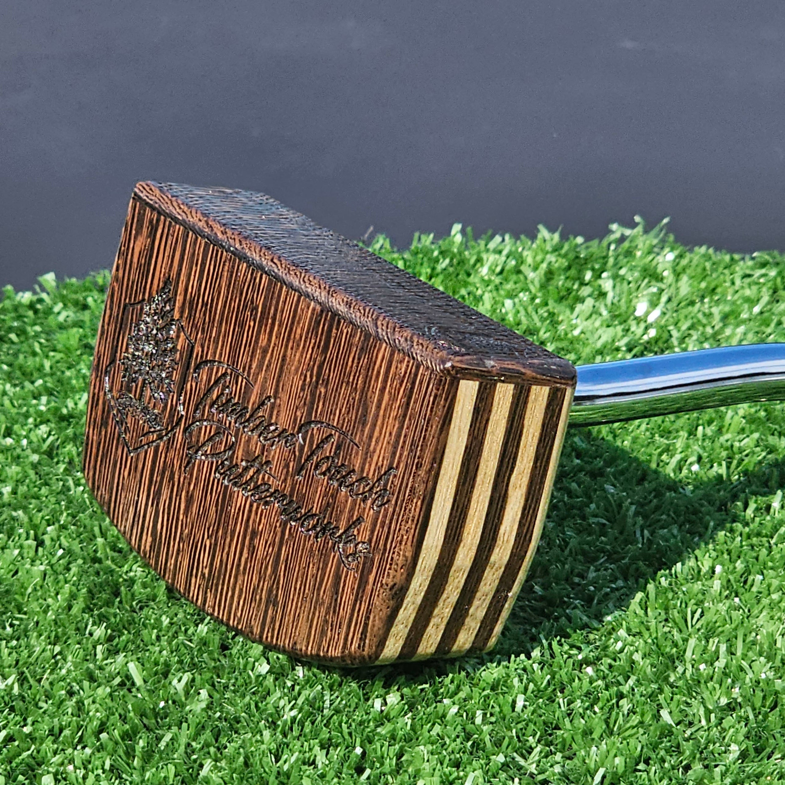 White Limba exotic wood putter with Wenge inlay and layered exotic wood body