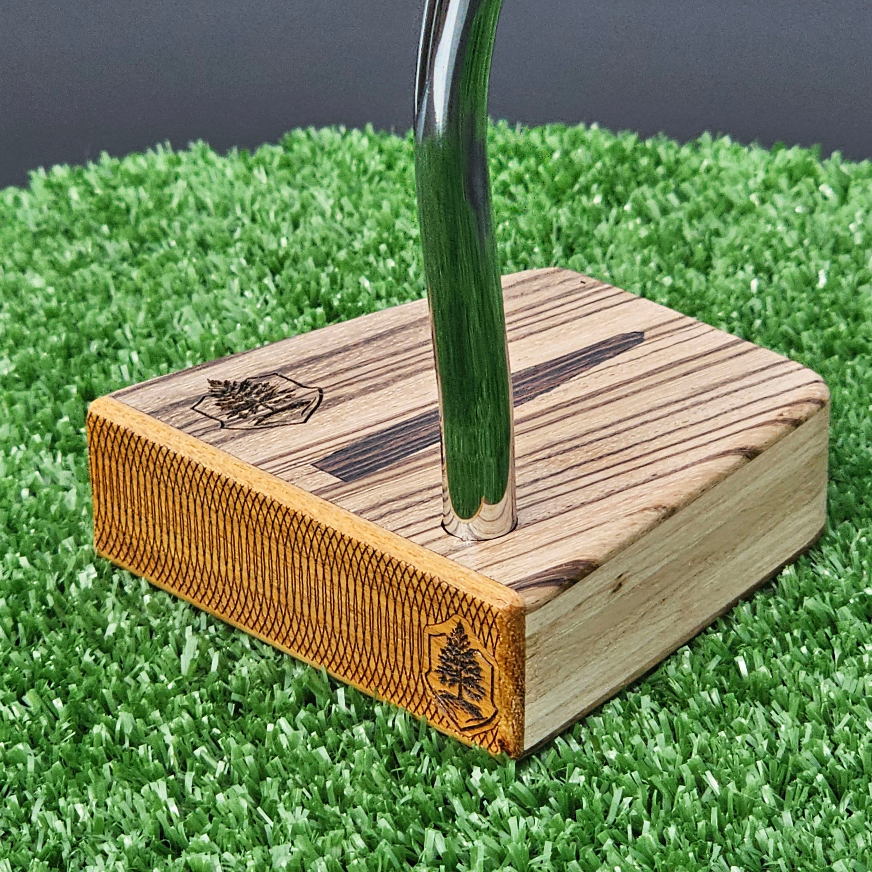 Zebrawood Timberwolf style exotic wood golf putter with oak body