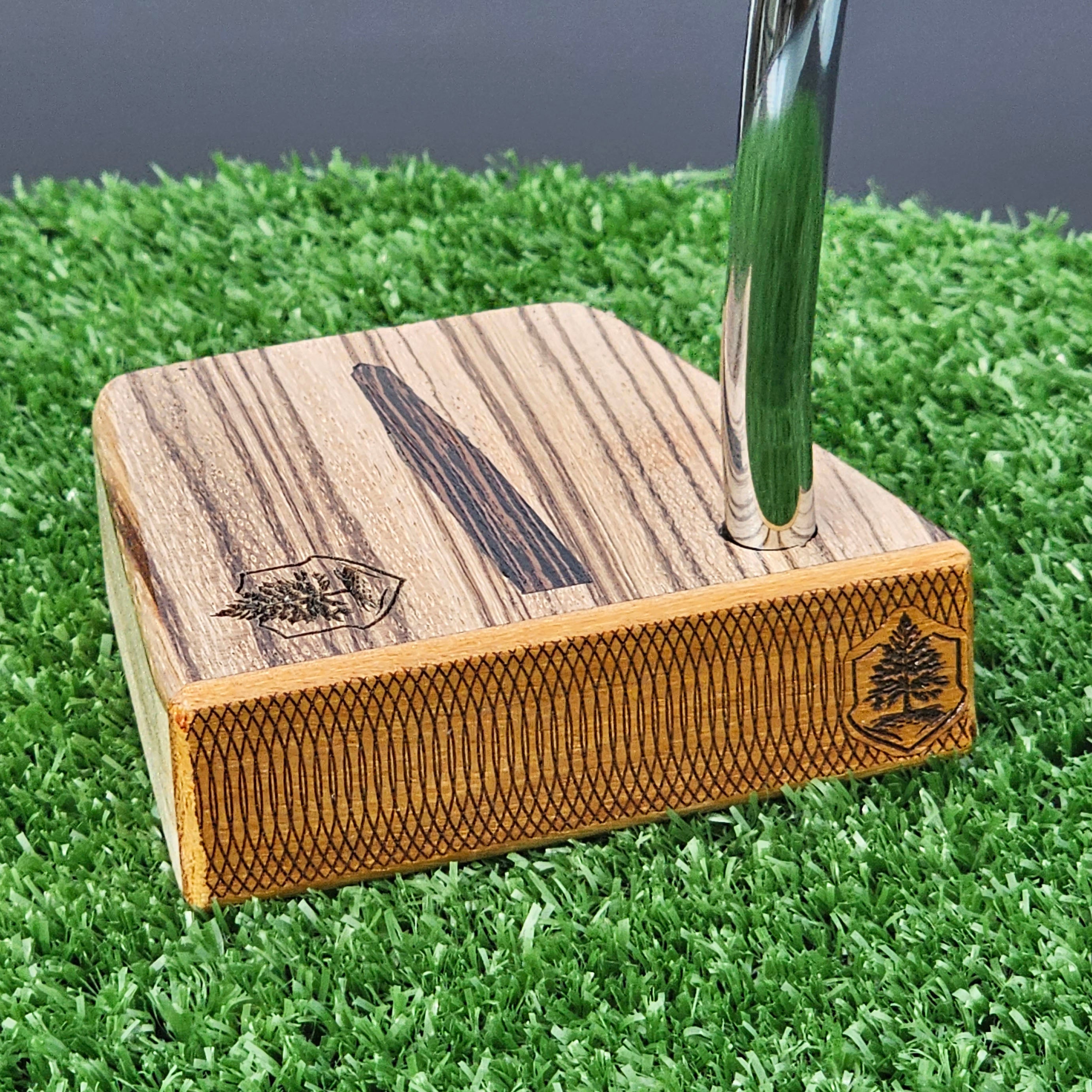 Zebrawood Timberwolf style exotic wood golf putter with oak body