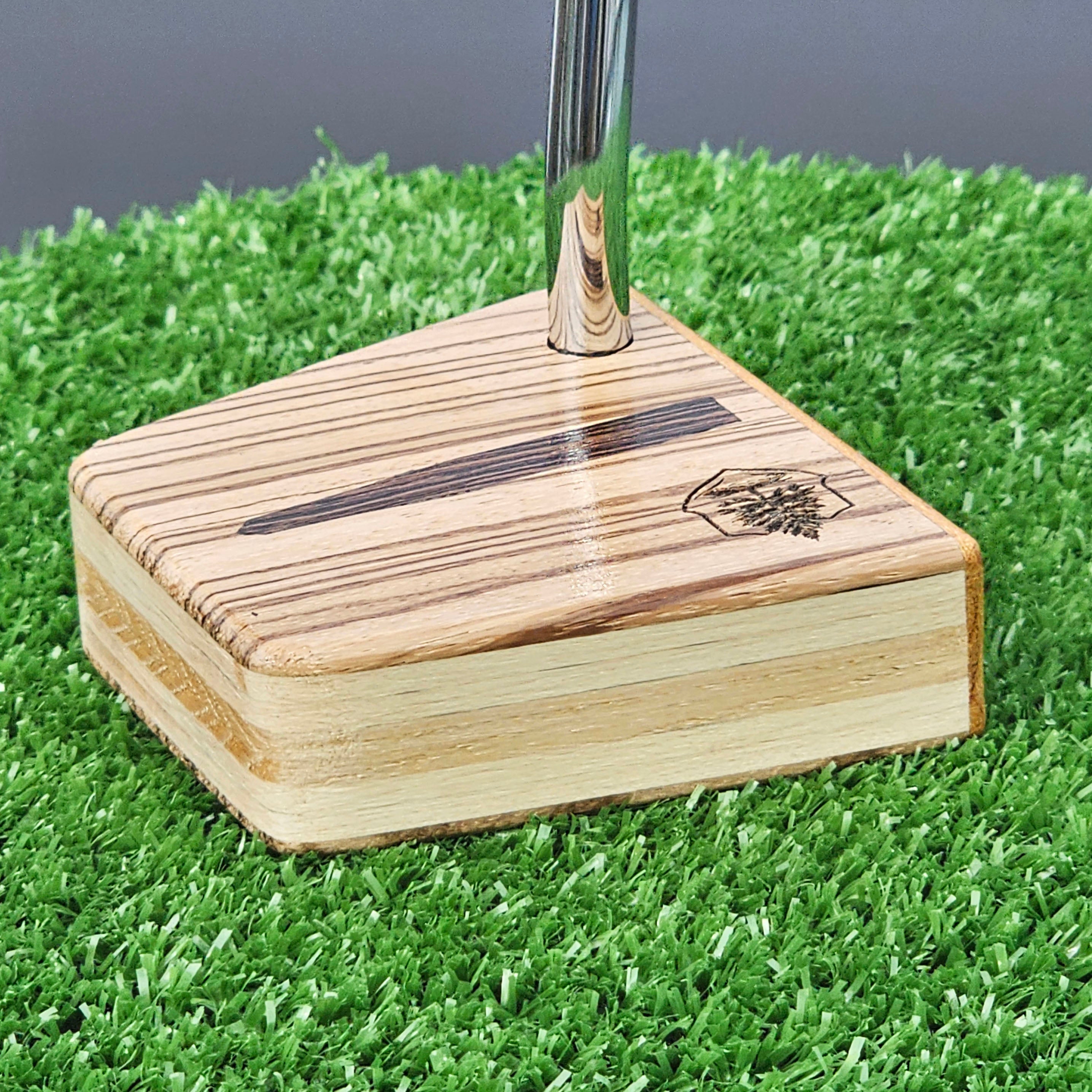 Zebrawood Timberwolf style exotic wood golf putter with oak body