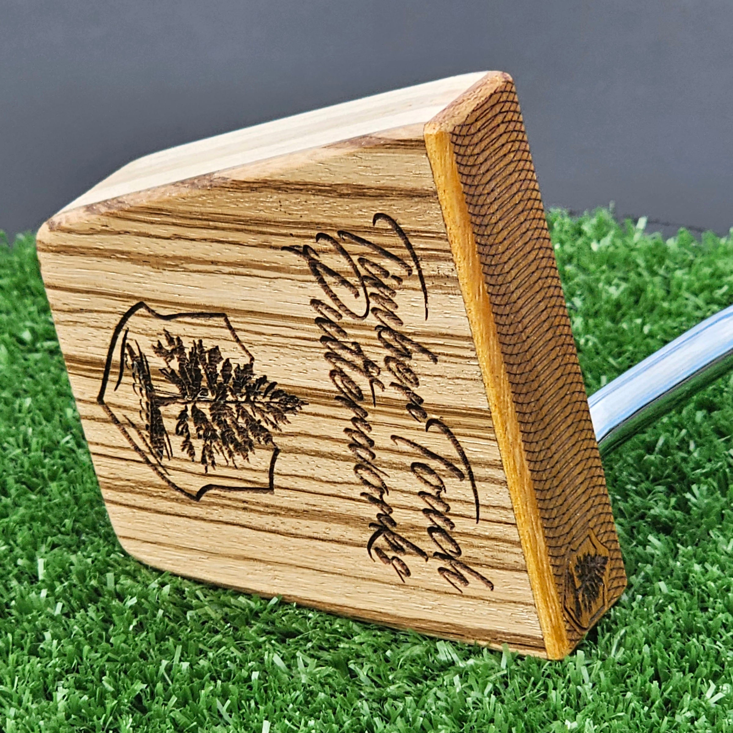 Zebrawood Timberwolf style exotic wood golf putter with oak body