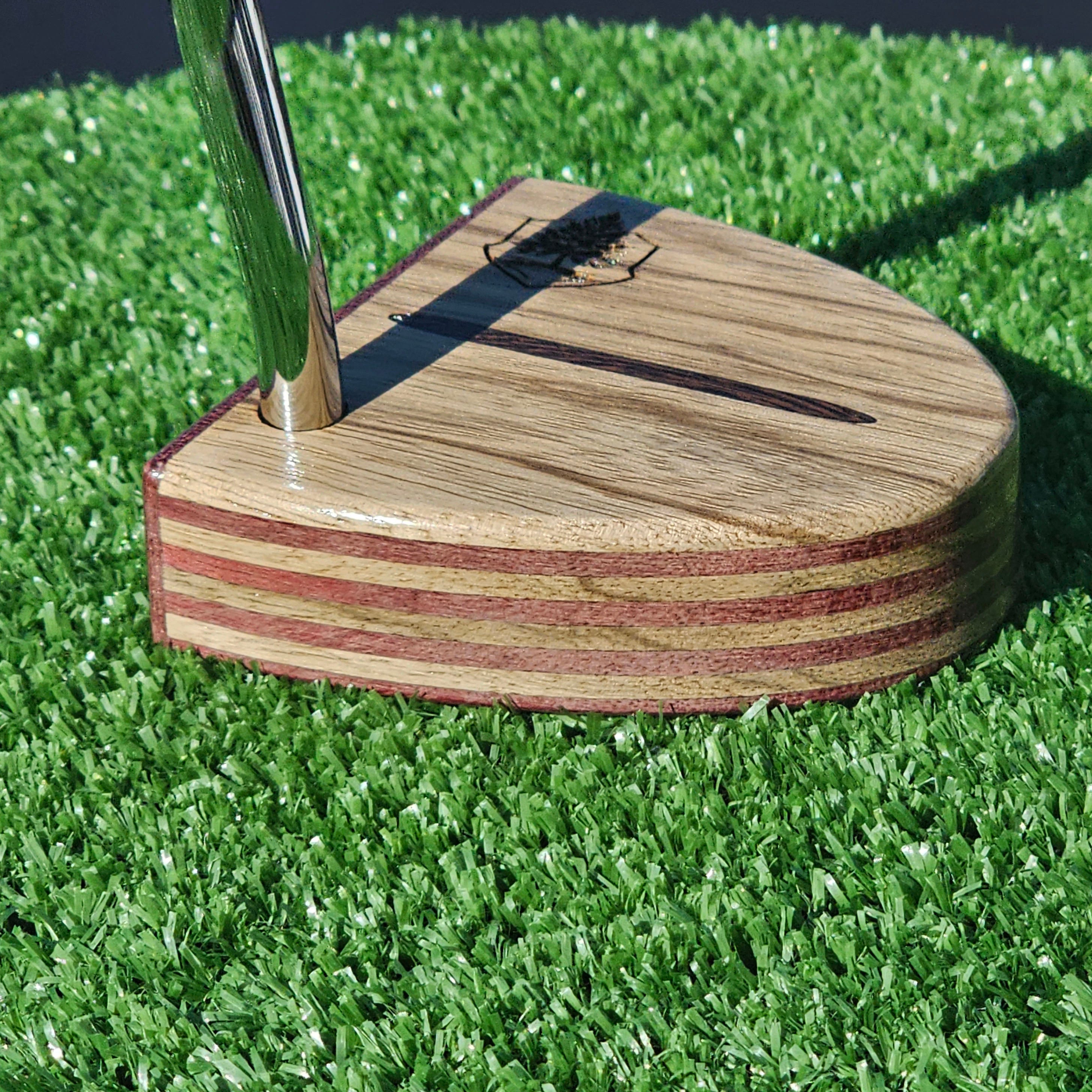 Zebrawood exotic wood Woodford putter with inlay and layered purpleheart body