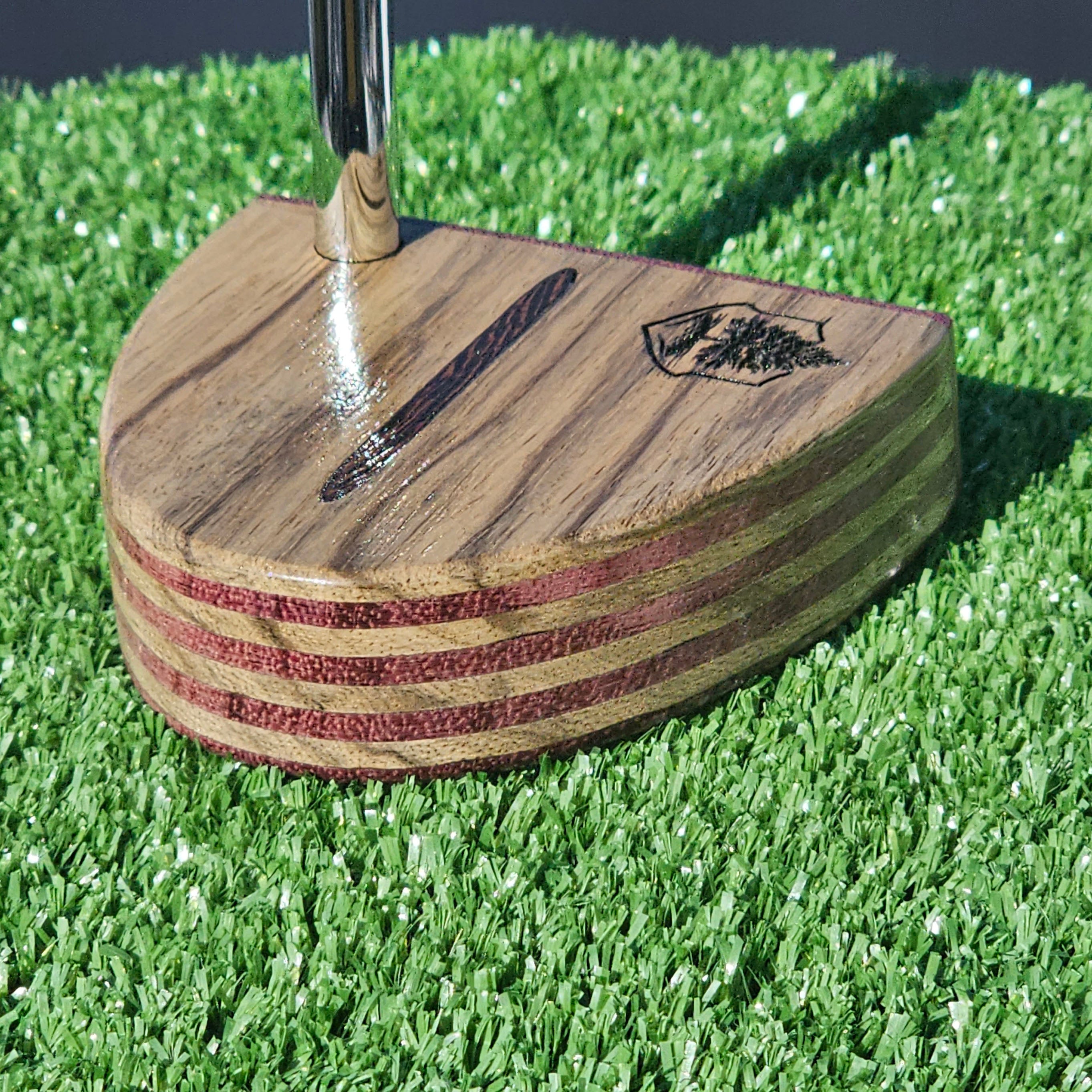 Zebrawood exotic wood Woodford putter with inlay and layered purpleheart body