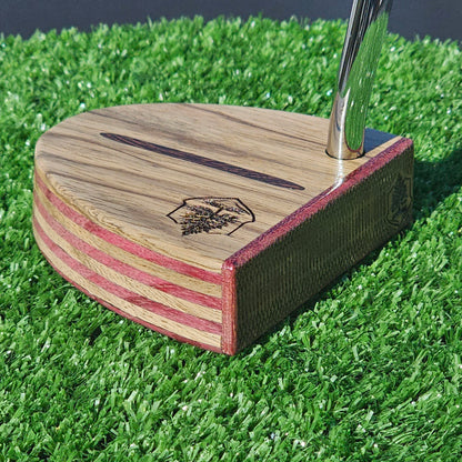 Zebrawood exotic wood Woodford putter with inlay and layered purpleheart body