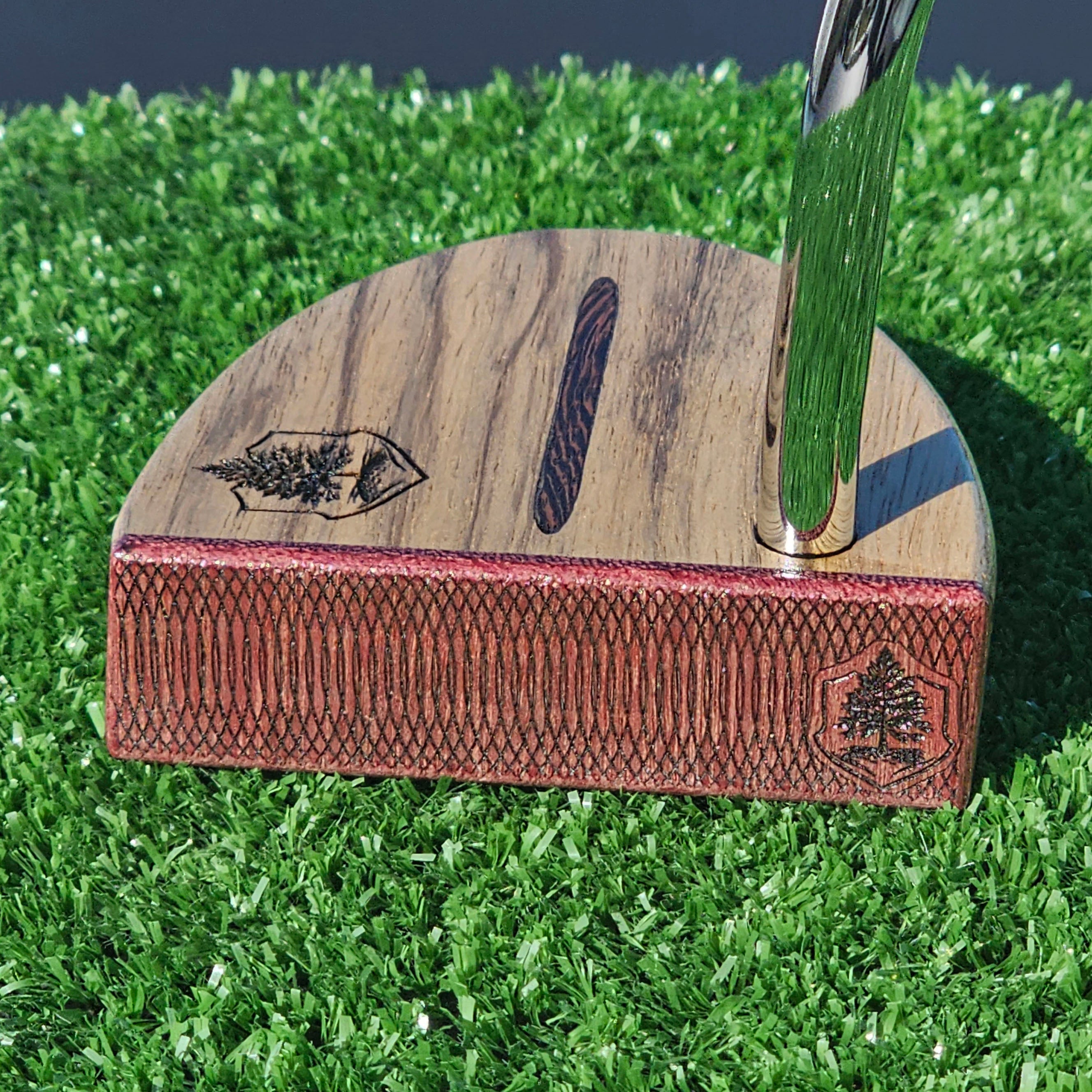 Zebrawood exotic wood Woodford putter with inlay and layered purpleheart body