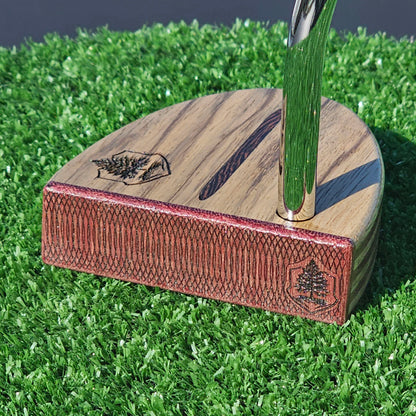 Zebrawood exotic wood Woodford putter with inlay and layered purpleheart body