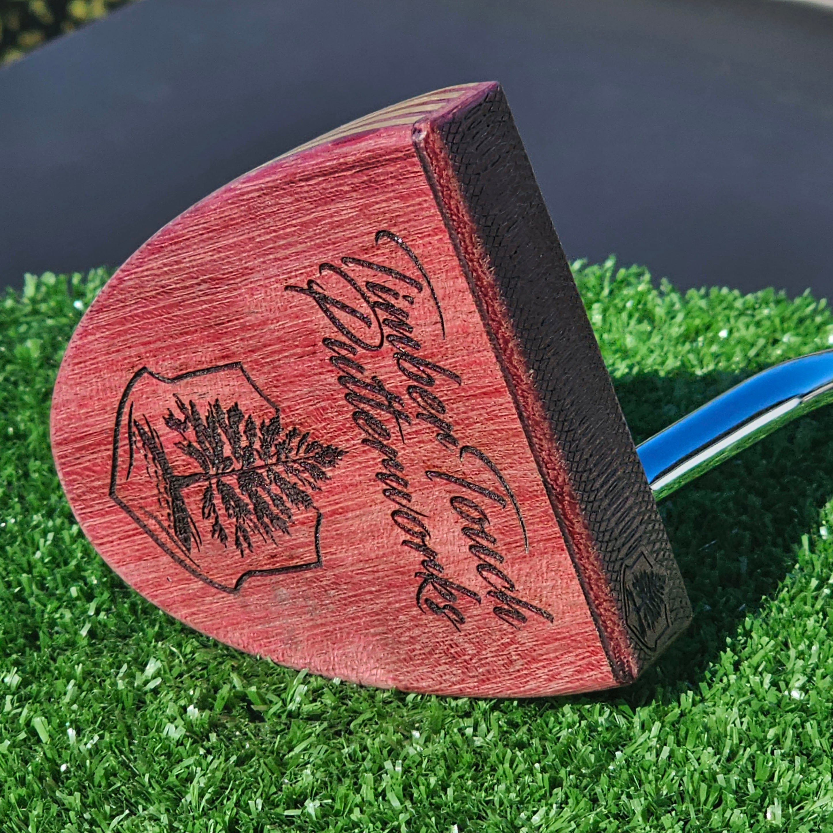 Zebrawood exotic wood Woodford putter with inlay and layered purpleheart body