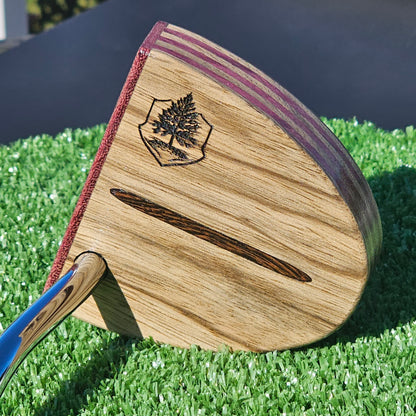 Zebrawood exotic wood Woodford putter with inlay and layered purpleheart body