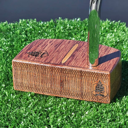 Bubinga exotic wood putter with Canarywood inlay and layered exotic wood body