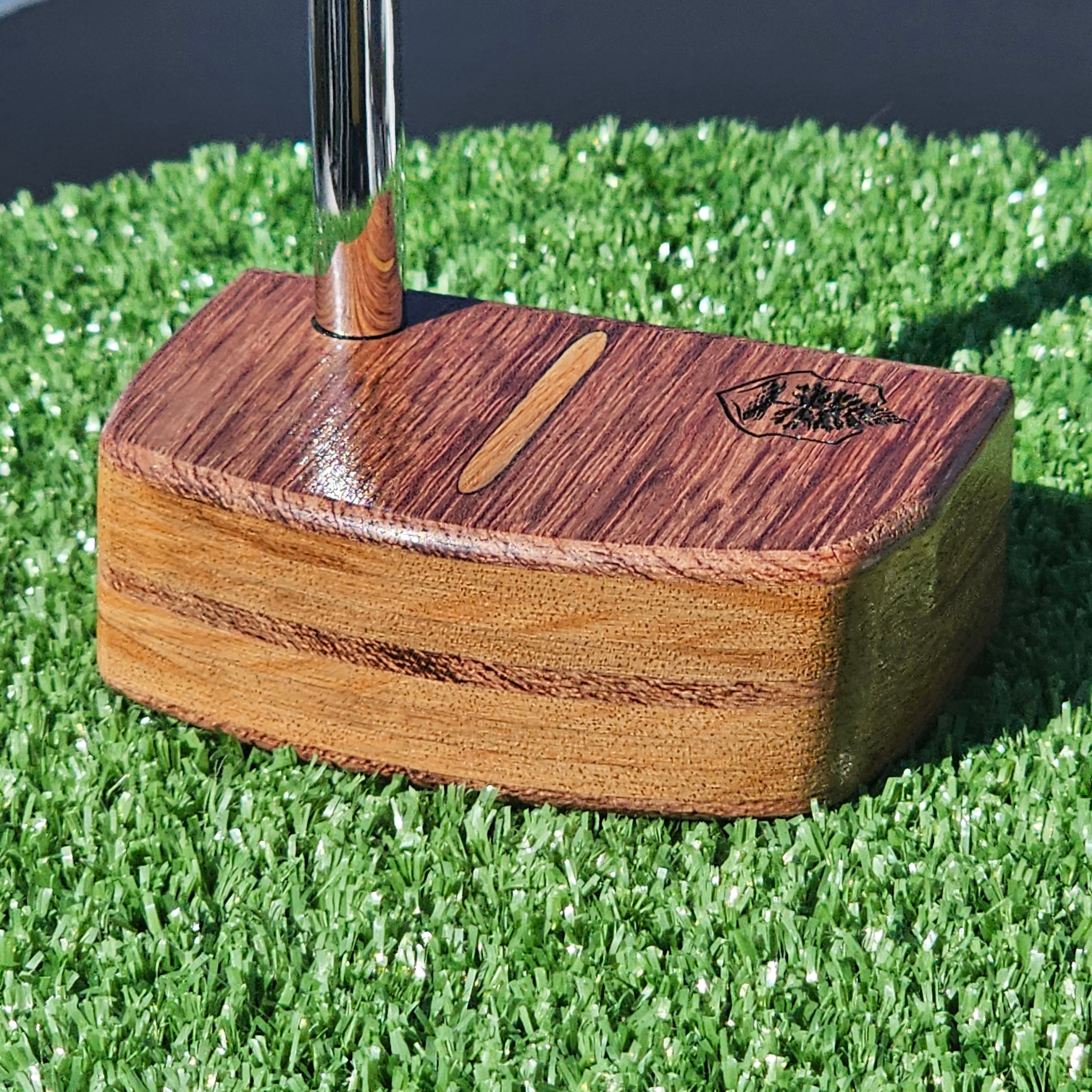 Bubinga exotic wood putter with Canarywood inlay and layered exotic wood body