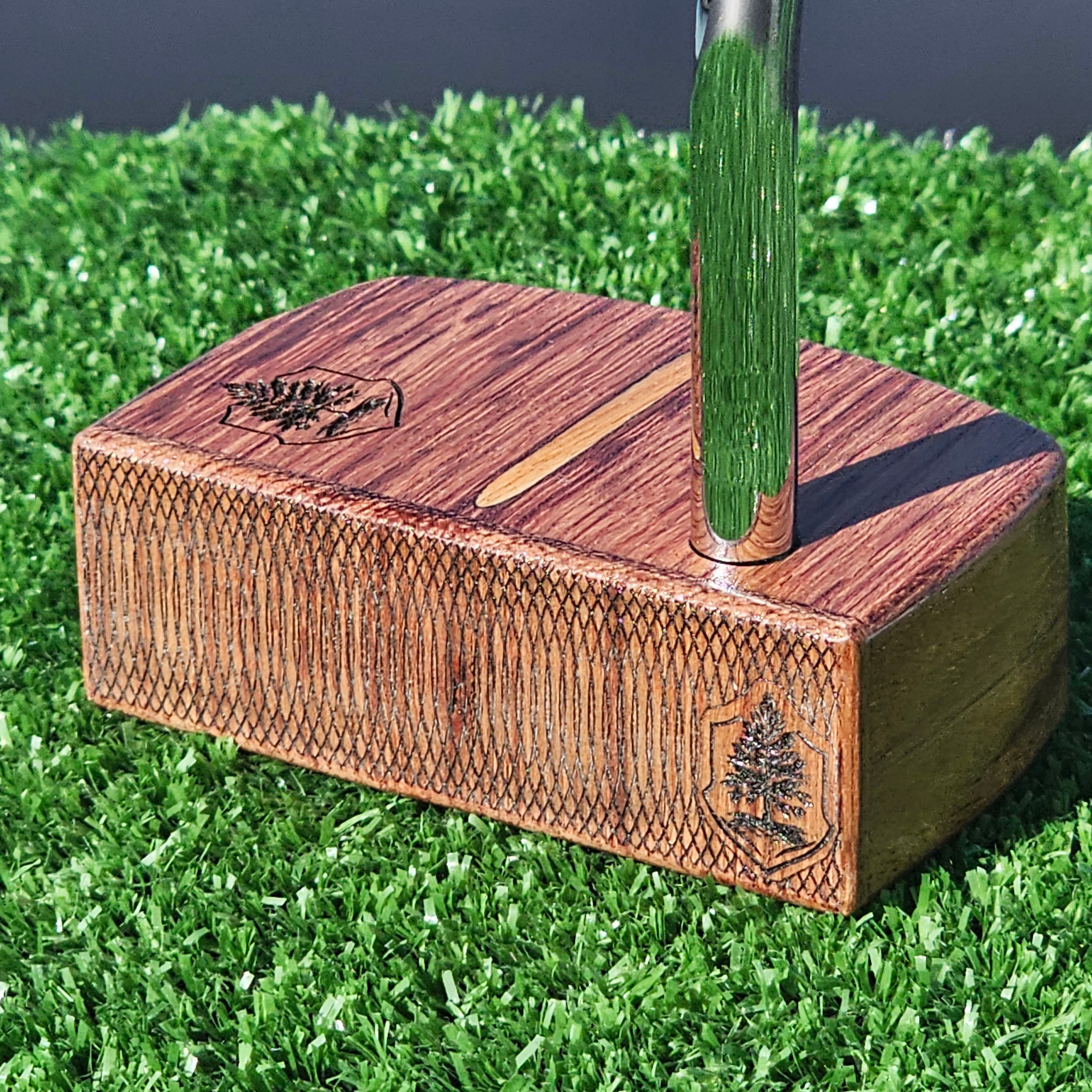 Bubinga exotic wood putter with Canarywood inlay and layered exotic wood body