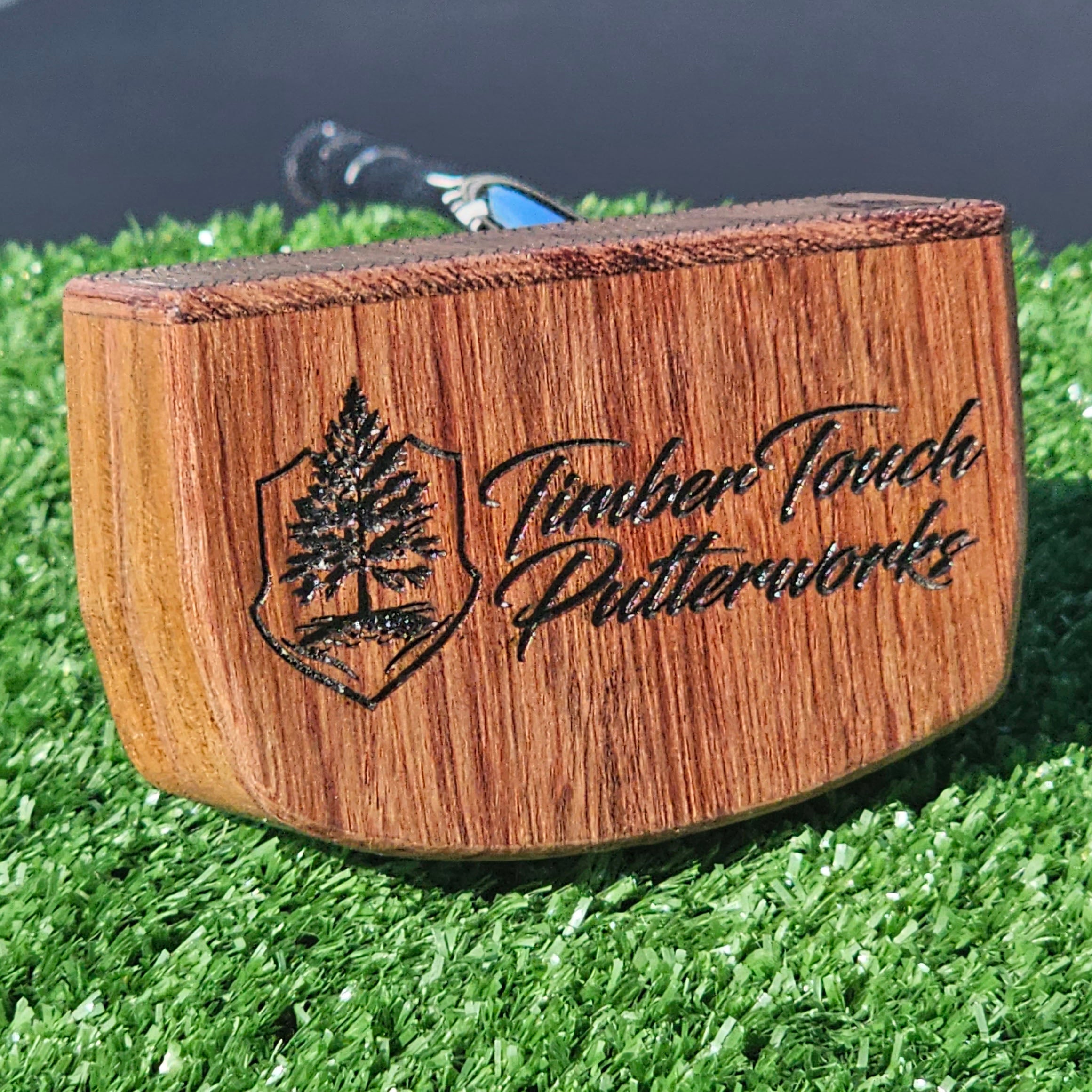 Bubinga exotic wood putter with Canarywood inlay and layered exotic wood body